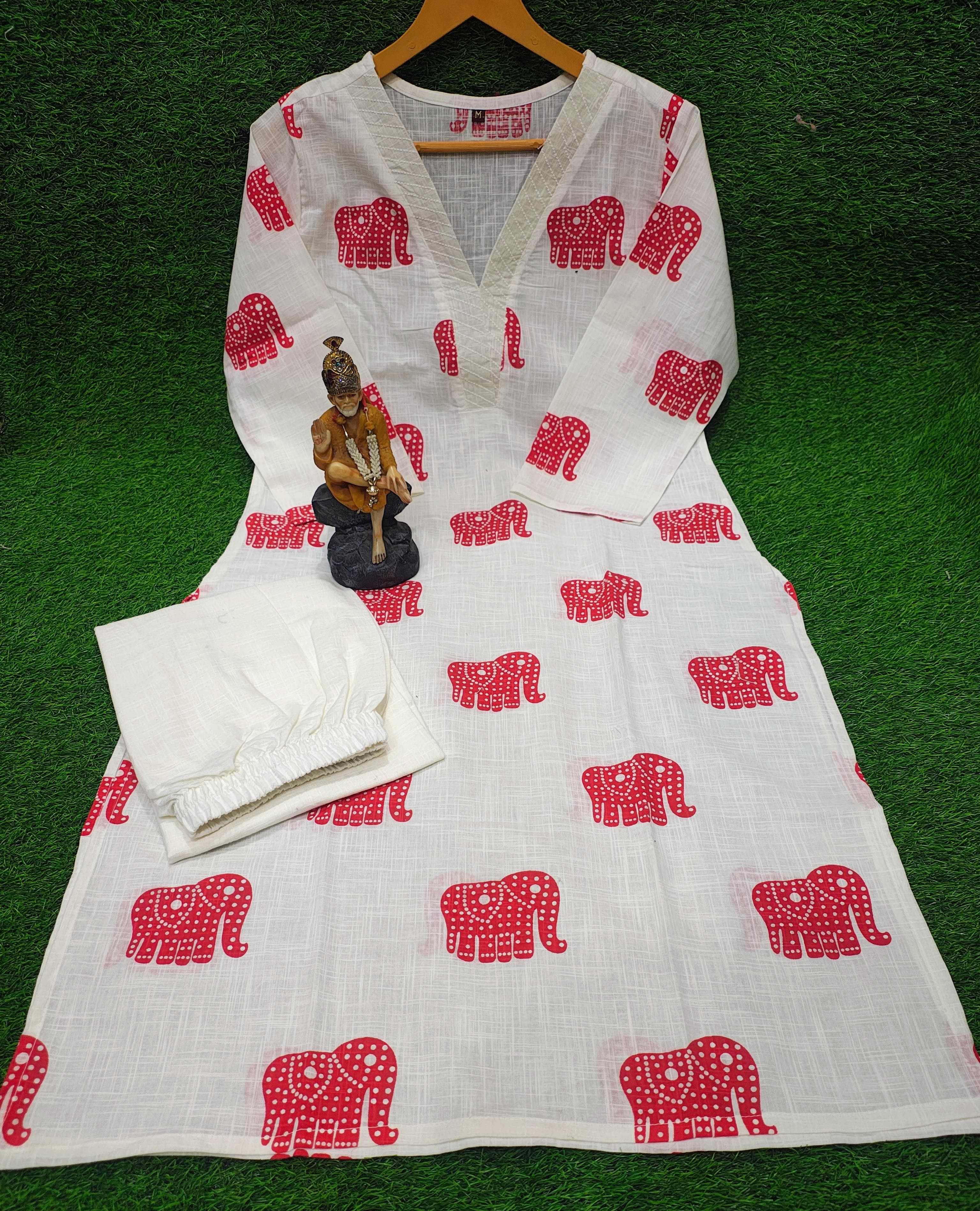 Explore Breathable & Embroidered and beautiful elephant print all over kurti Co-ord Sets your go-to for any occasion