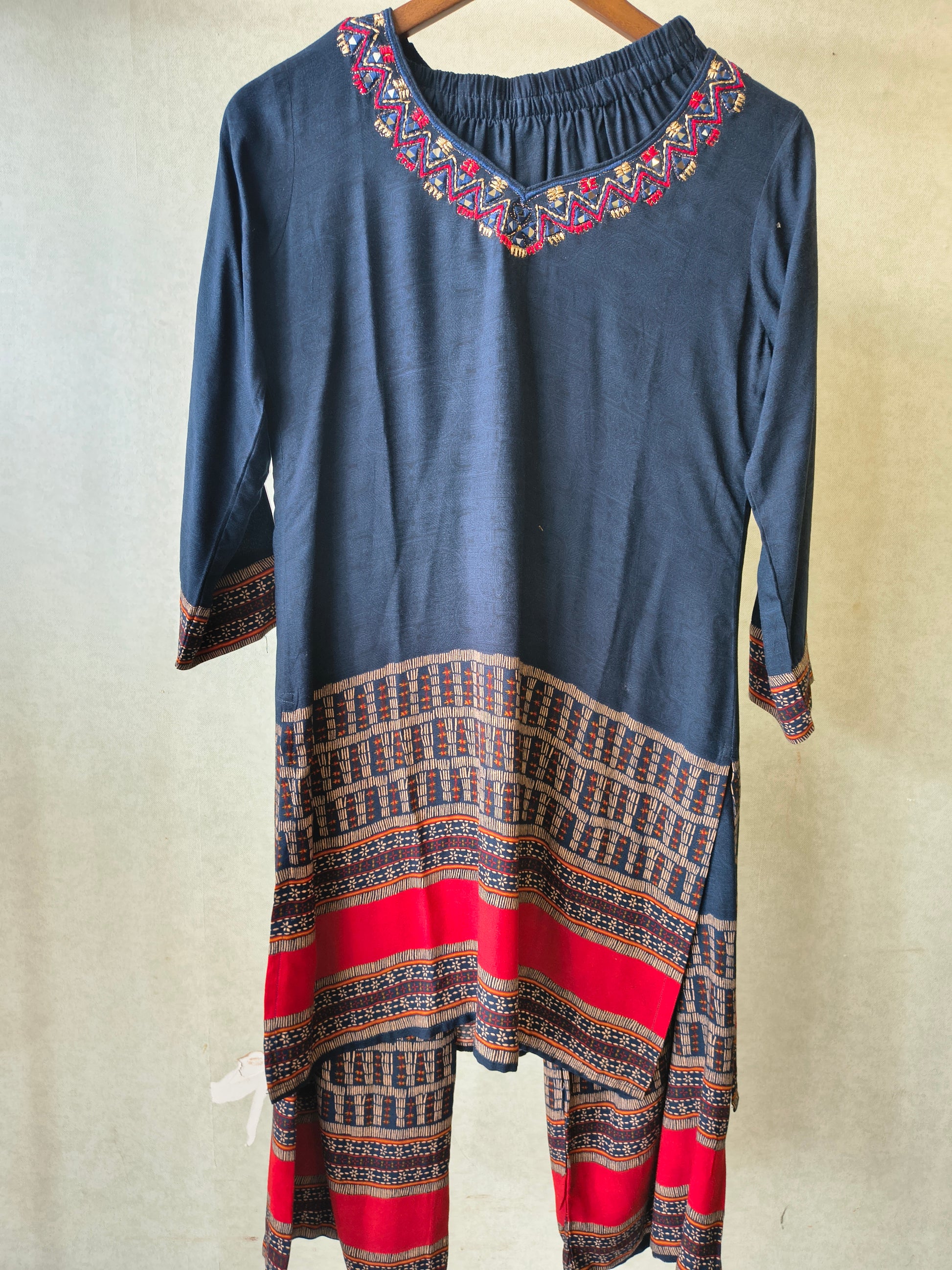 Navy Blue Ethnic Border Designer Co-Ord Set with Embroidered Neckline