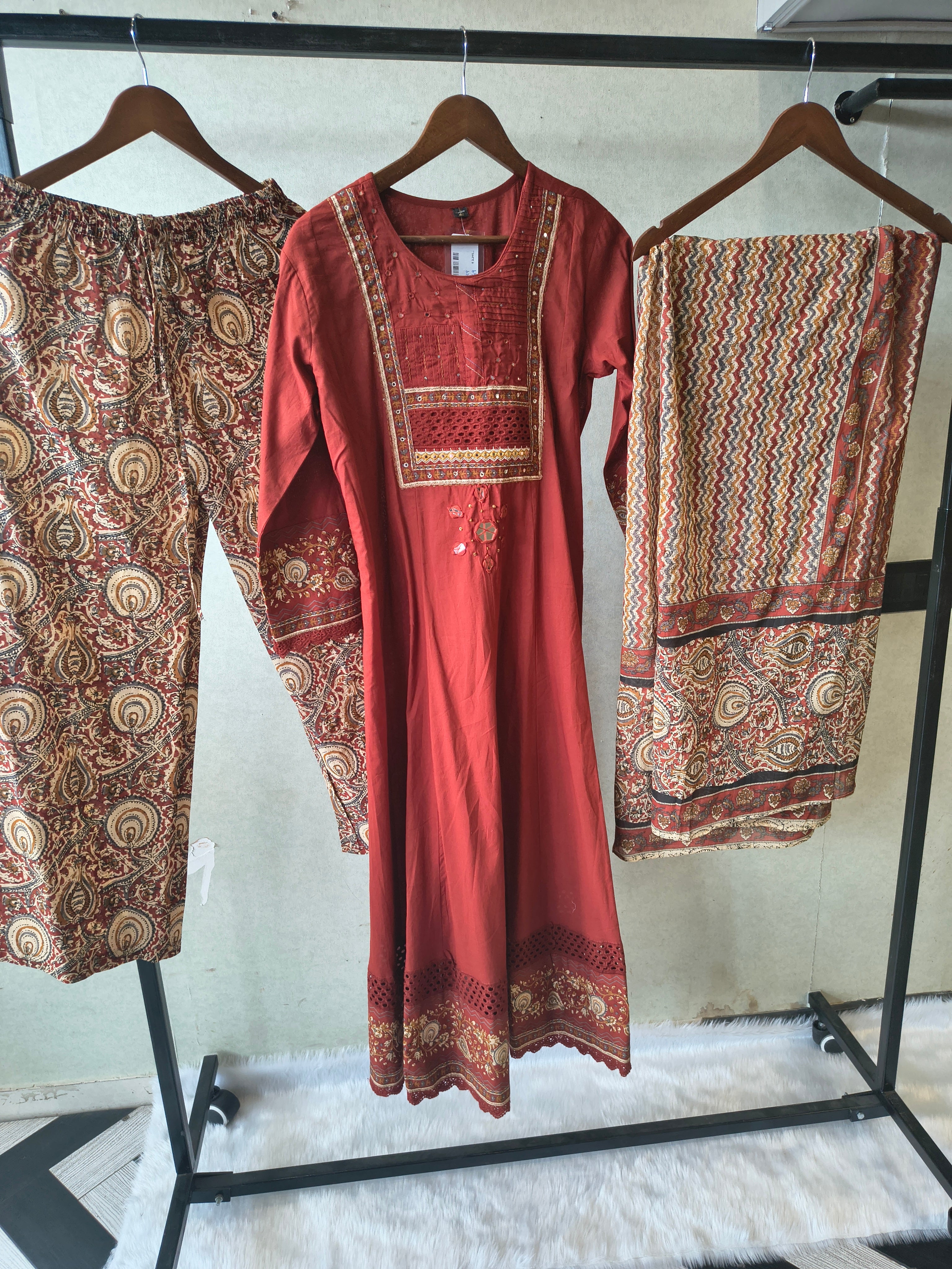 Image of Rust Red Embroidered Three-Piece Kurta Set with Printed Pant & Designer Dupatta