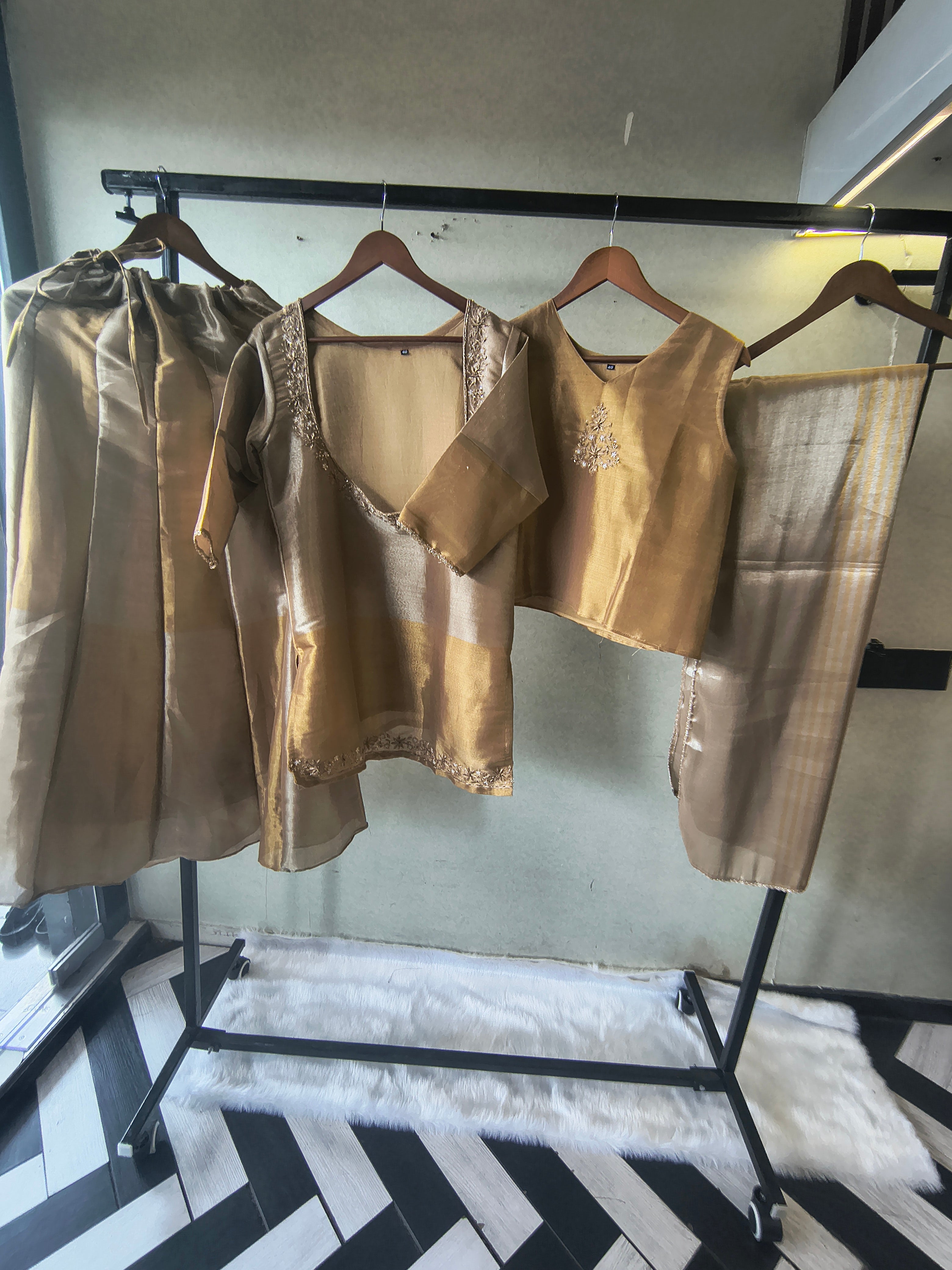 Image of Champagne Gold Tissue Silk Embroidered Layered Kurta with Inner, Palazzo & Woven Dupatta – 4 Piece Designer Festive Set