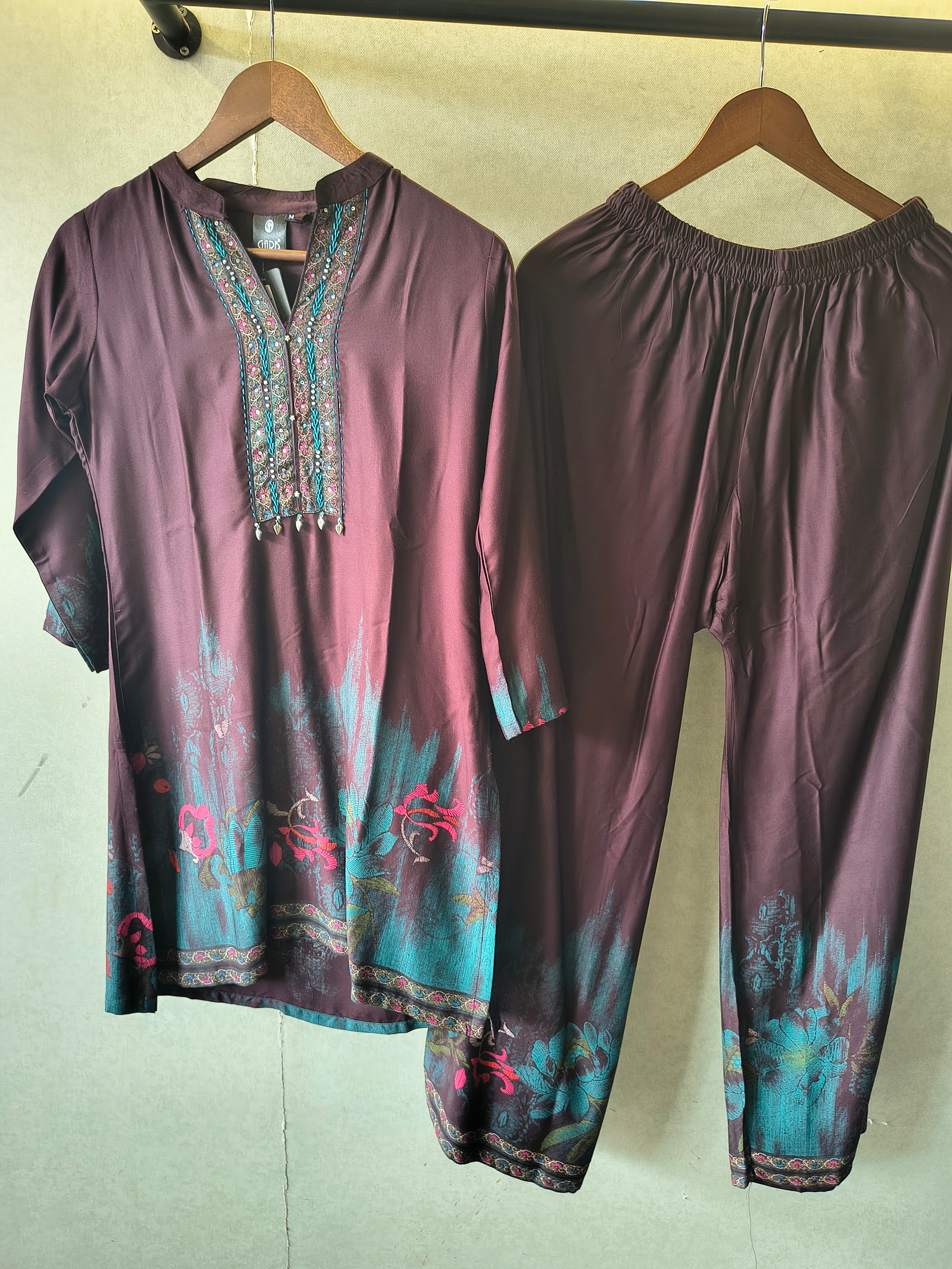 Image of Wine Embellished Premium Silk Co-Ord Set