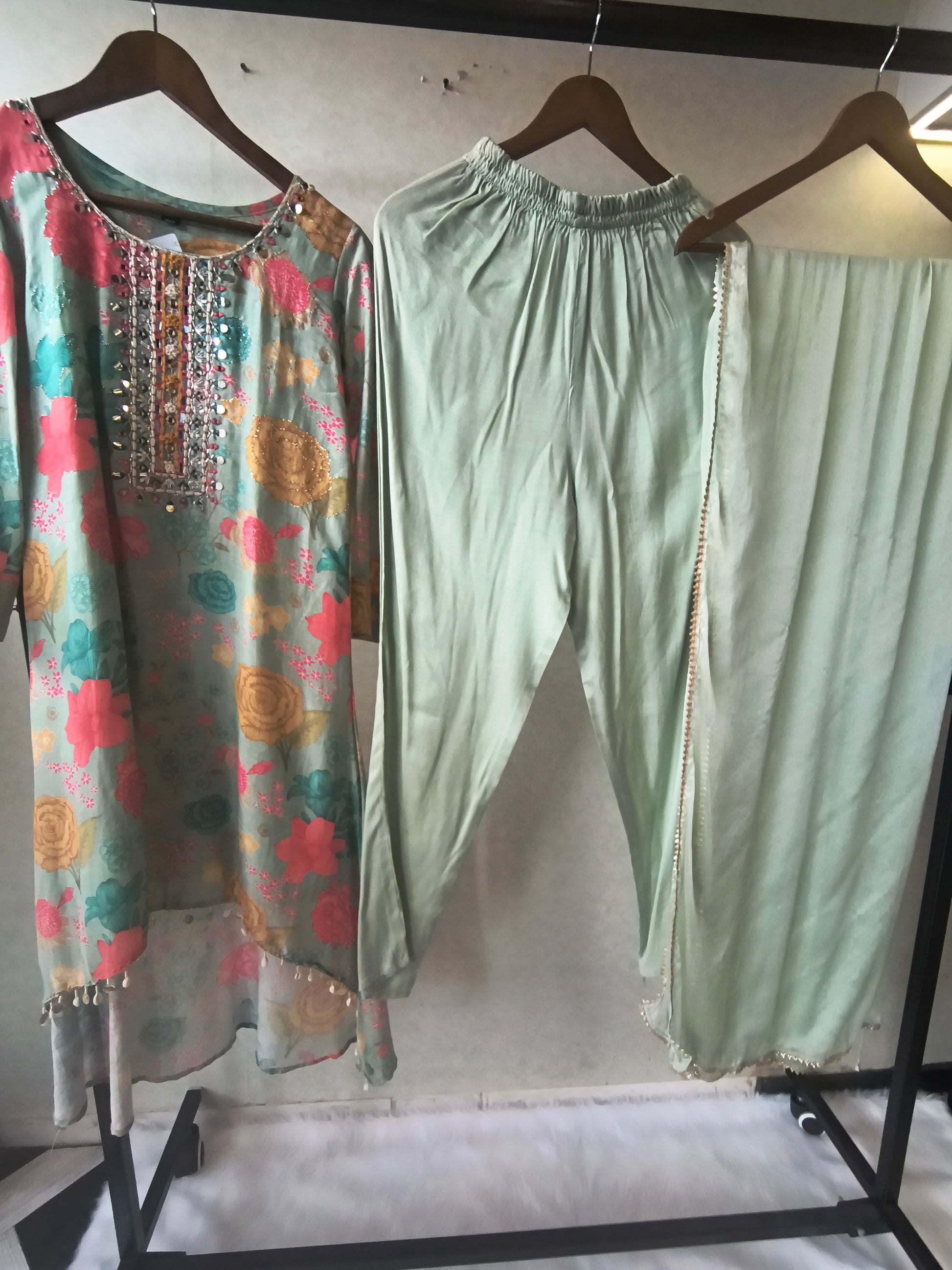 Premium Mint Green Floral Printed Kurta Set with Embellished Neckline & Dupatta