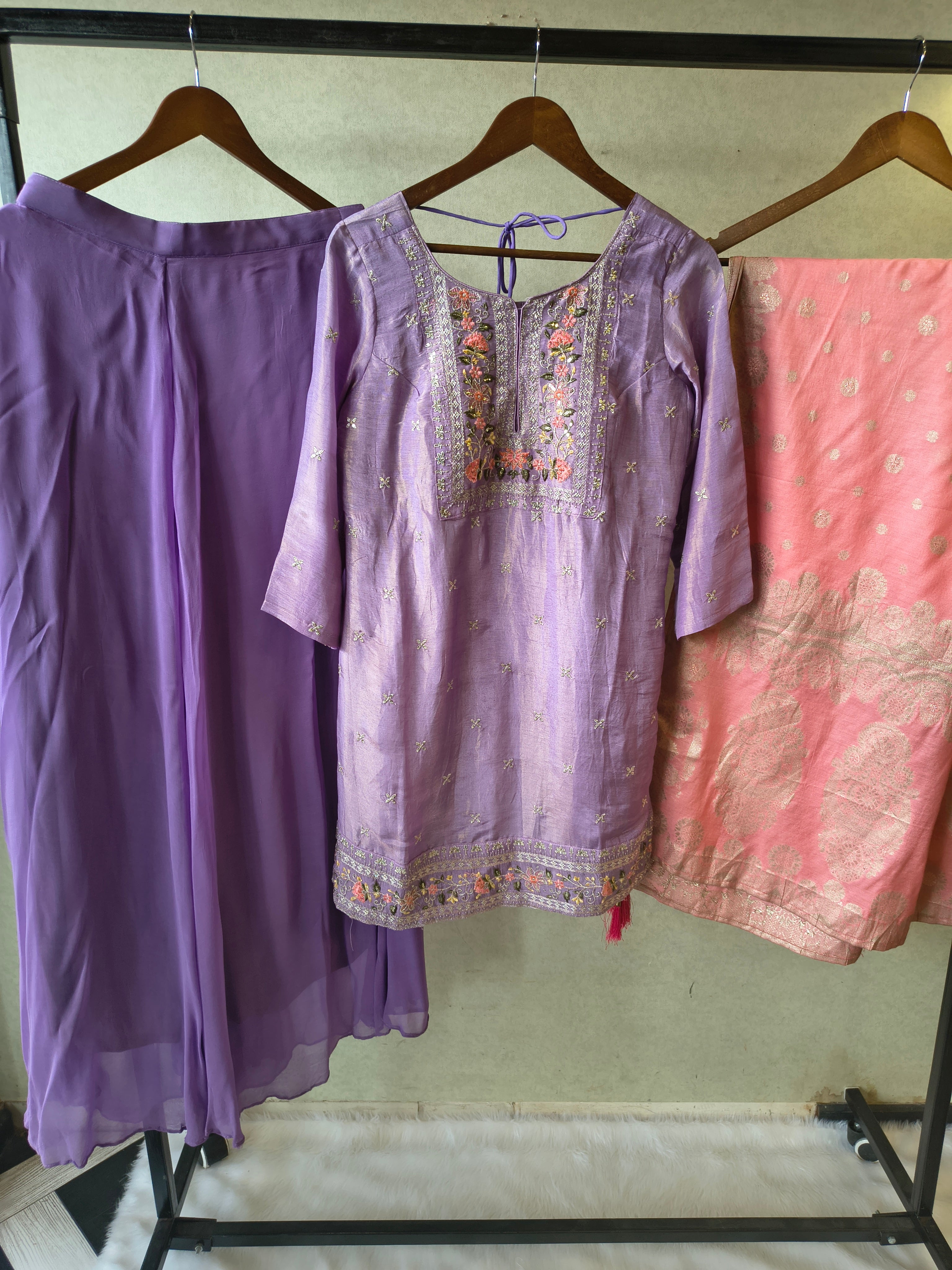 Image of Premium Lavender Embroidered Kurta with Sharara & Banarasi Dupatta Set