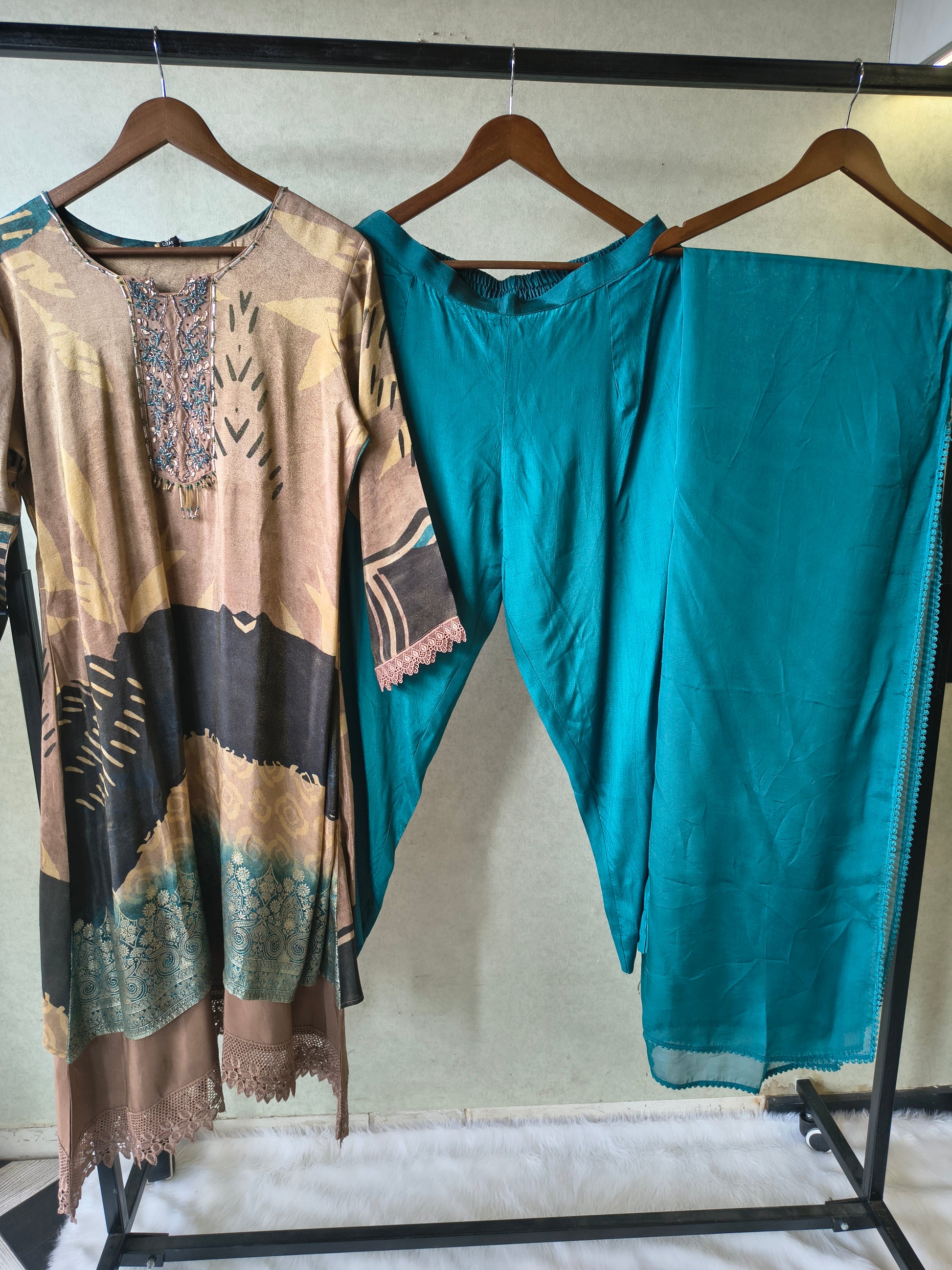Premium Abstract Print Straight Kurta with Cigarette Pants & Dupatta Set