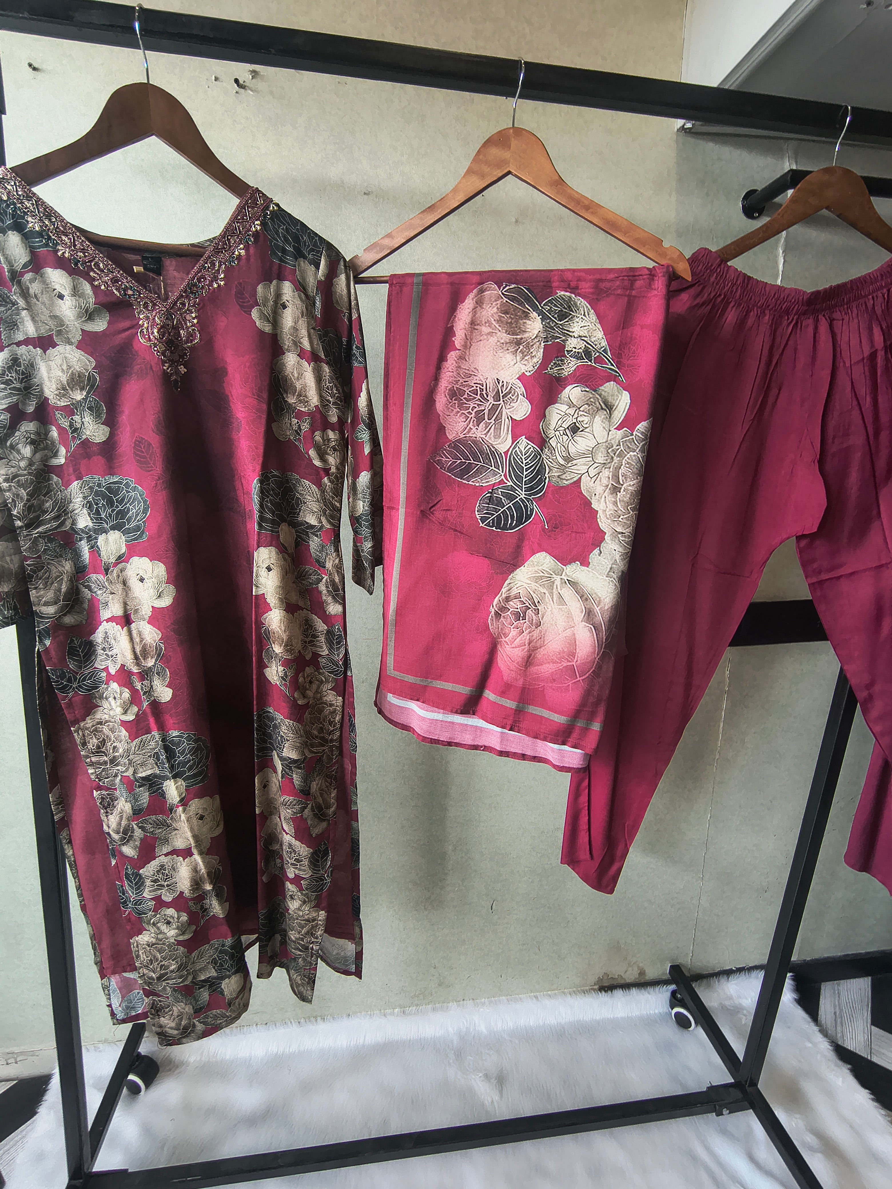Image of Premium Wine Floral Printed Kurta Set with Solid Pants & Printed Dupatta