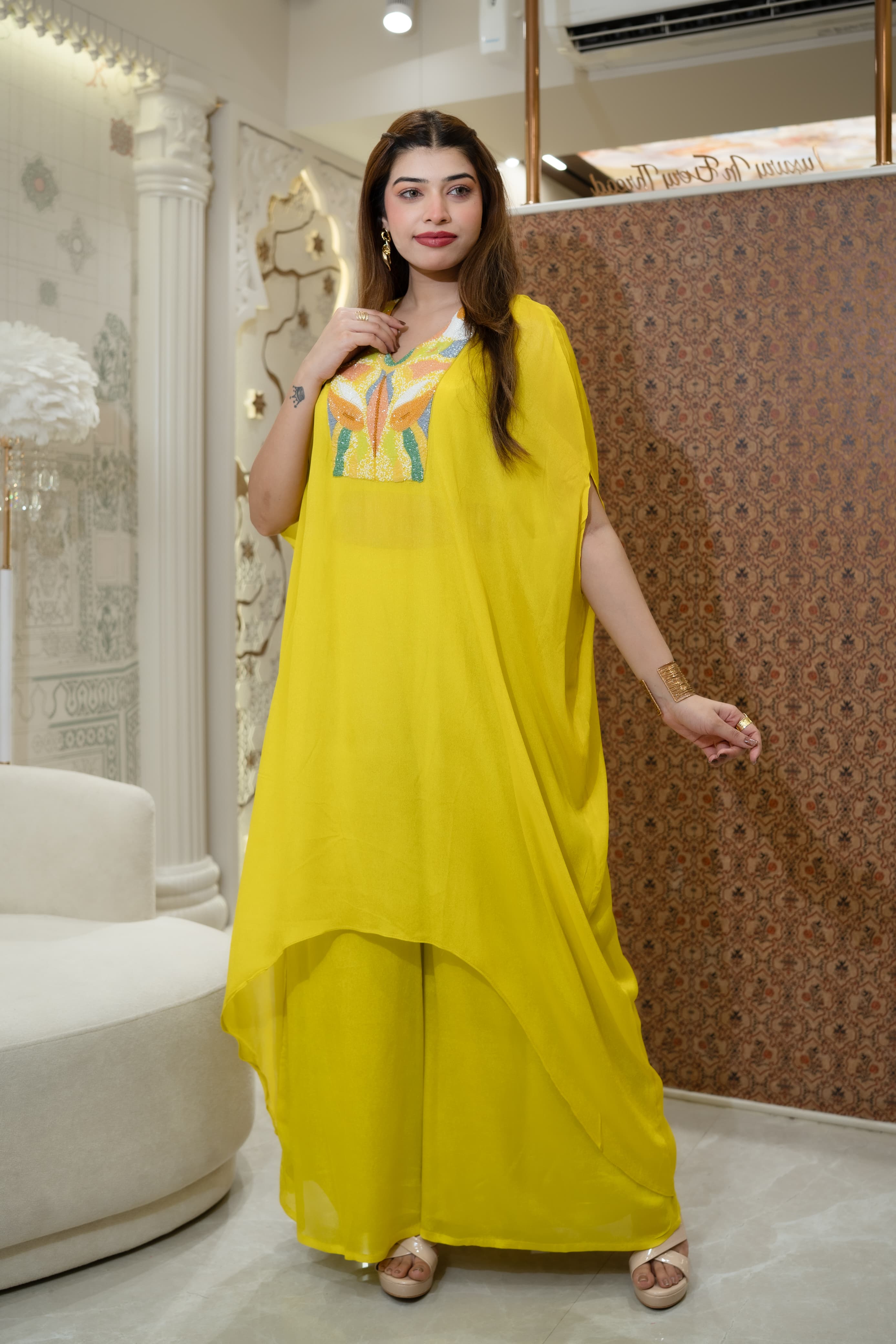 Image of Glow in this stunning pure fabric 2-piece Indo-Western set in radiant yellow