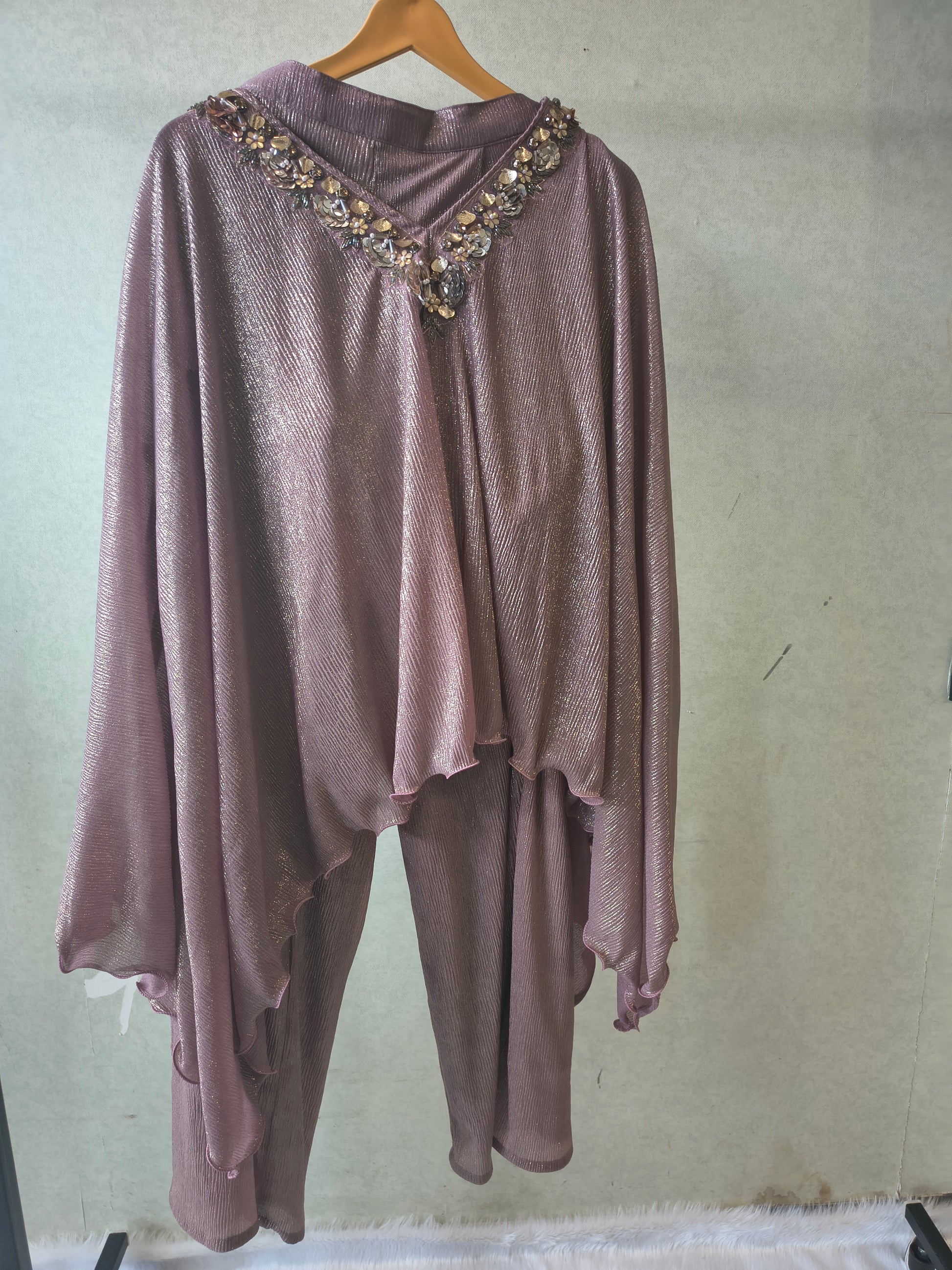 Premium Rose Gold Shimmer Kaftan Co-Ord Set with Hand Embellished Cape & Straight Pants