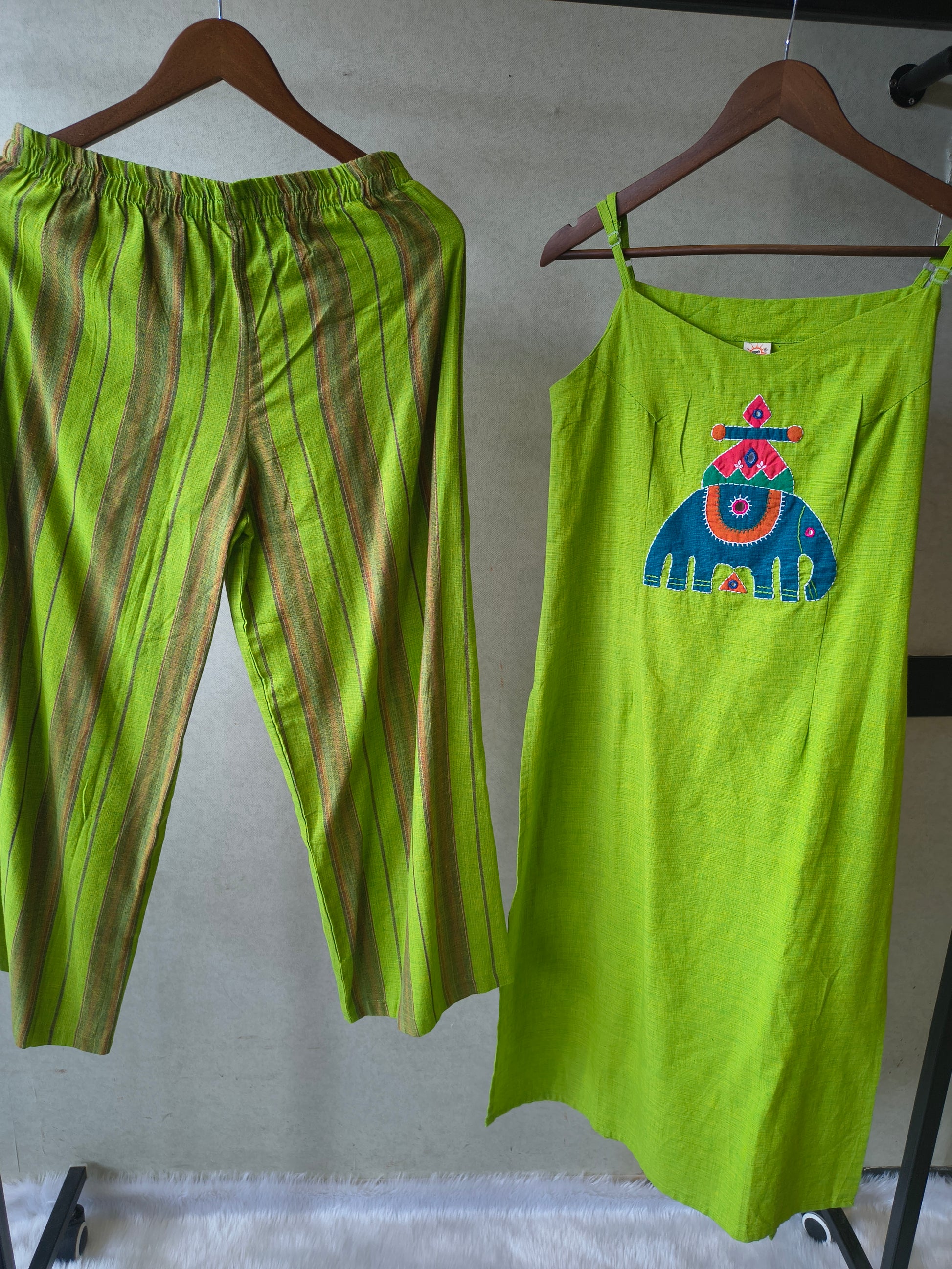 Lime Green Sleeveless Cotton Kurta Set with Tribal Elephant Appliqué & Striped Straight Pants
