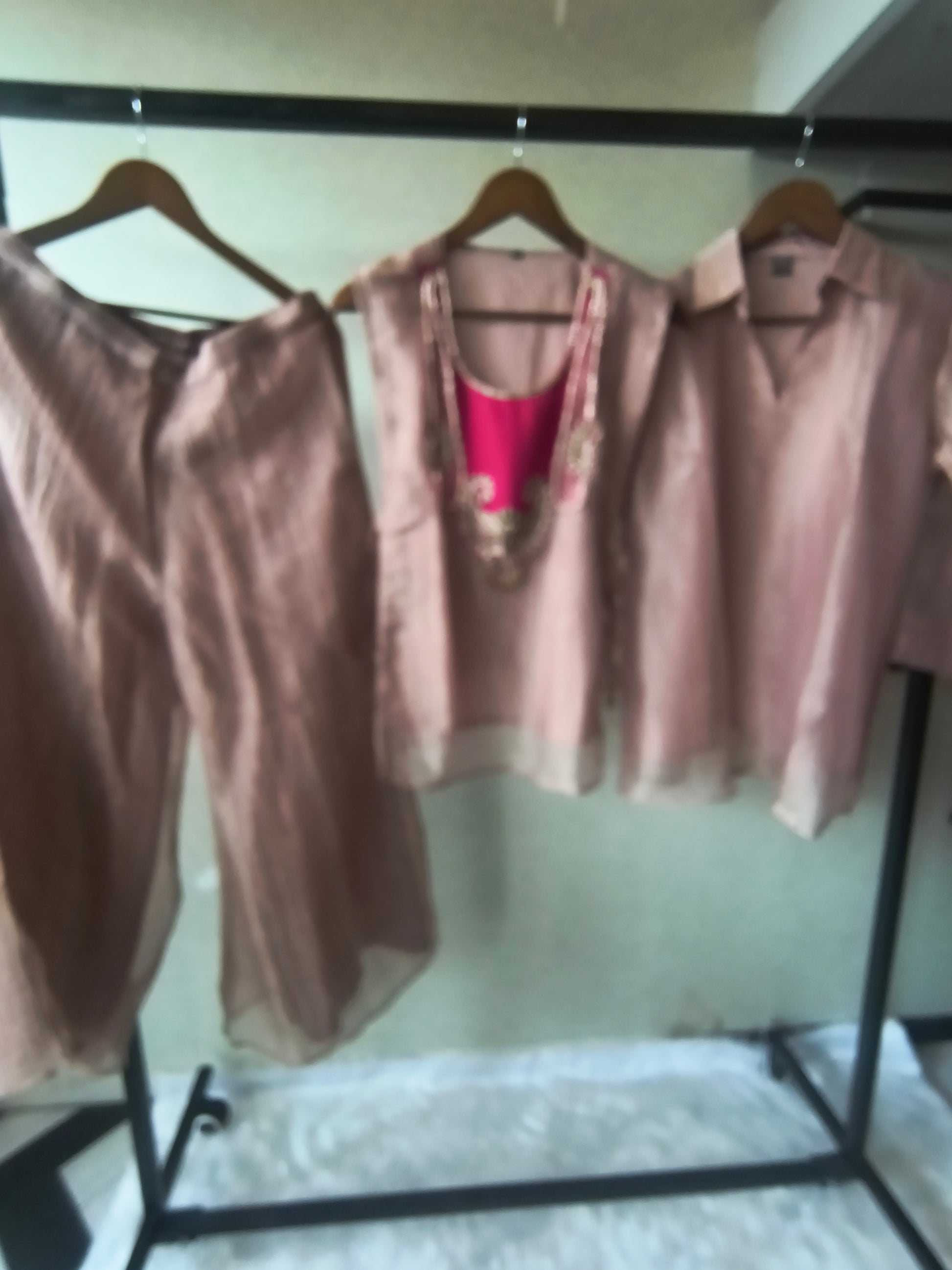 Premium Rose Gold Tissue Silk 3-Piece Co-Ord Set with Hand Embellished Jacket, Inner & Palazzo