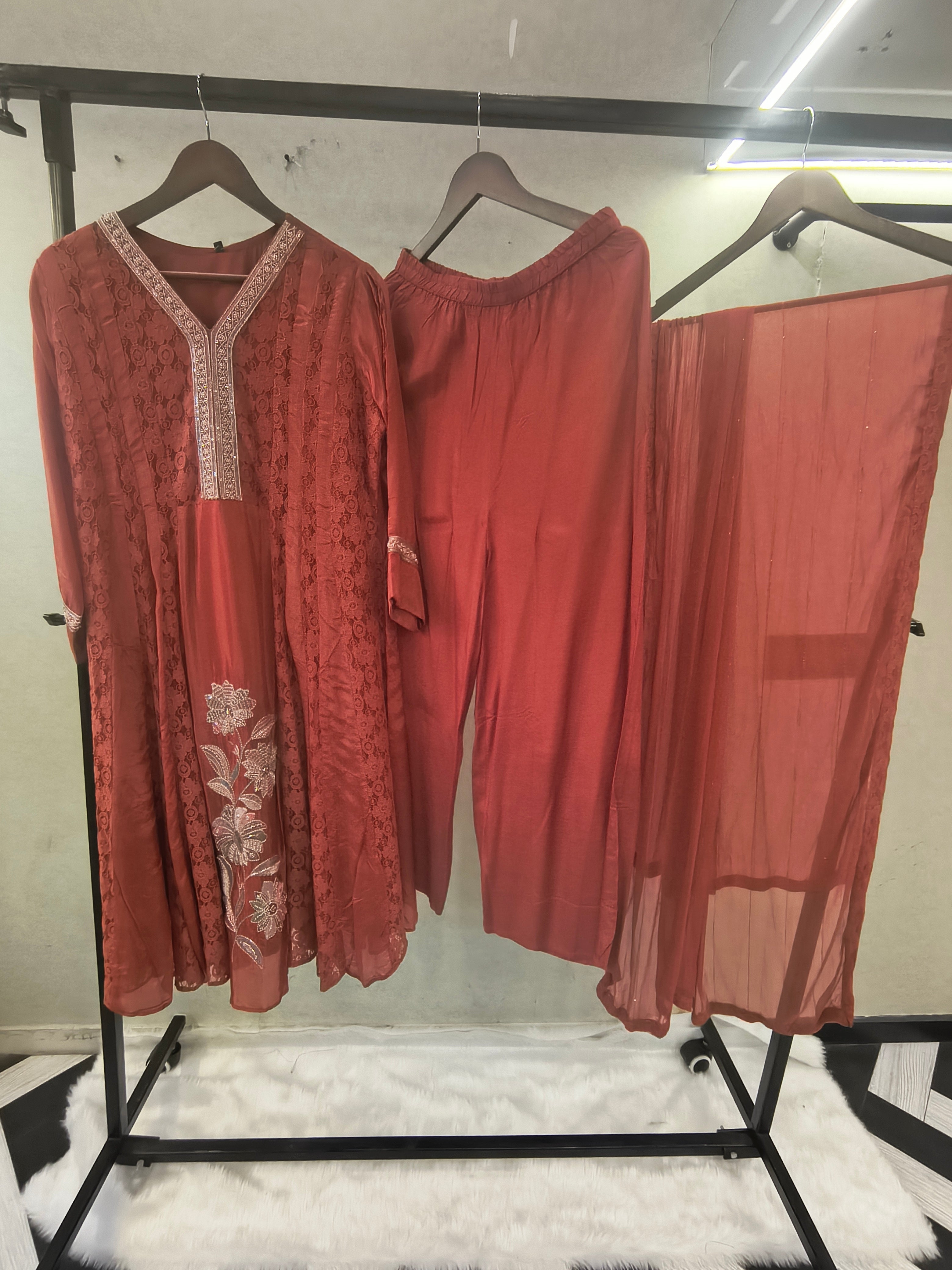 Image of Rust Brown Designer Lace Panel Anarkali Kurta Set with Embroidered Floral Motif & Sheer Dupatta | Premium 3 Piece Festive Ensemble