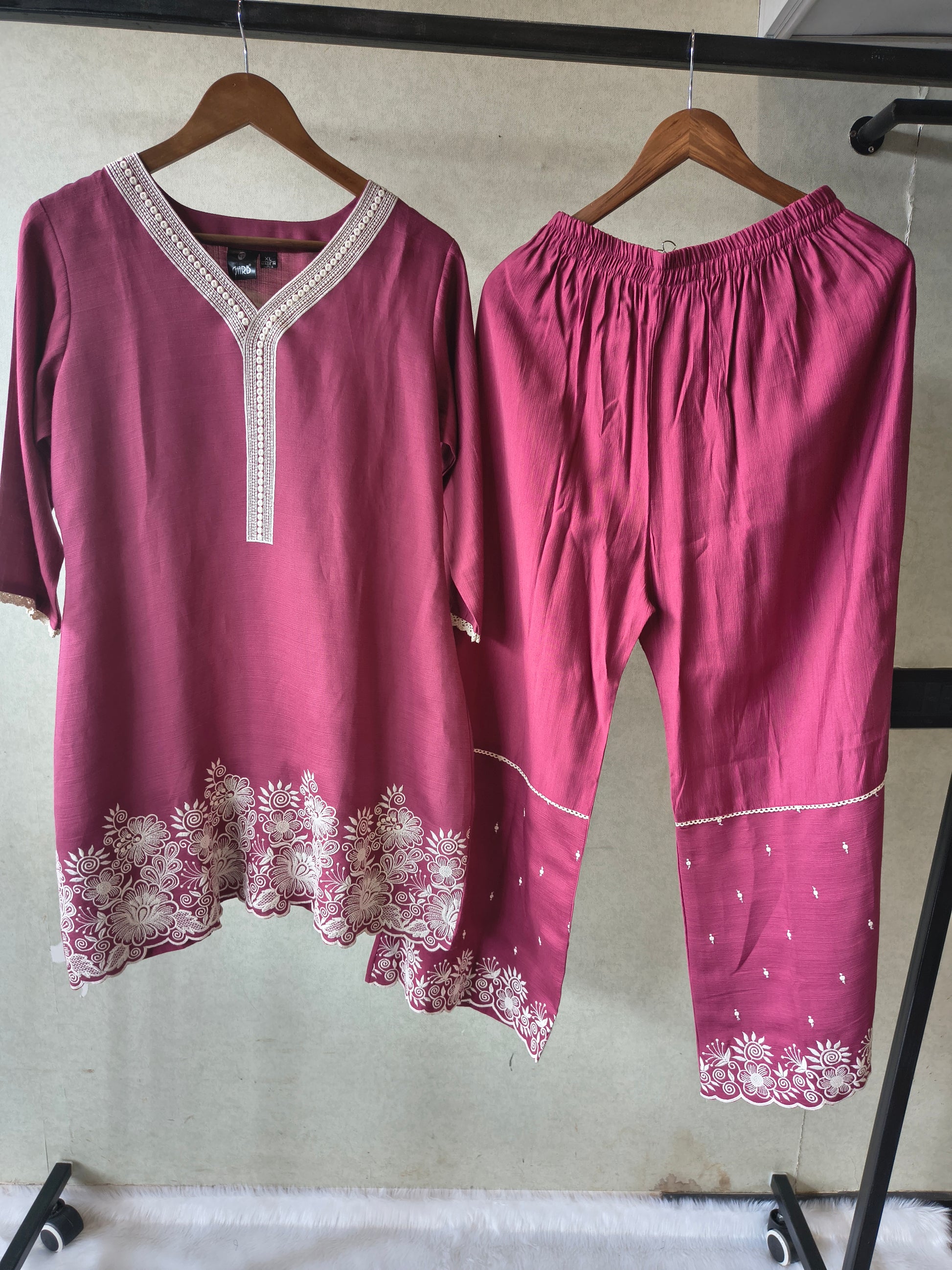 Premium Wine Pink Embroidered Kurta Set with Matching Embroidered Palazzo & Dupatta