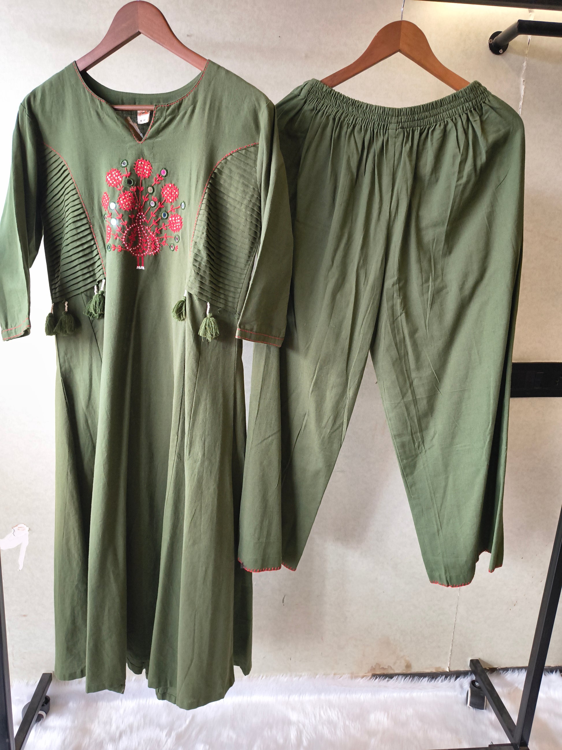 Tadko Olive Green Embroidered Cotton Kurta & Pant Co-Ord Set