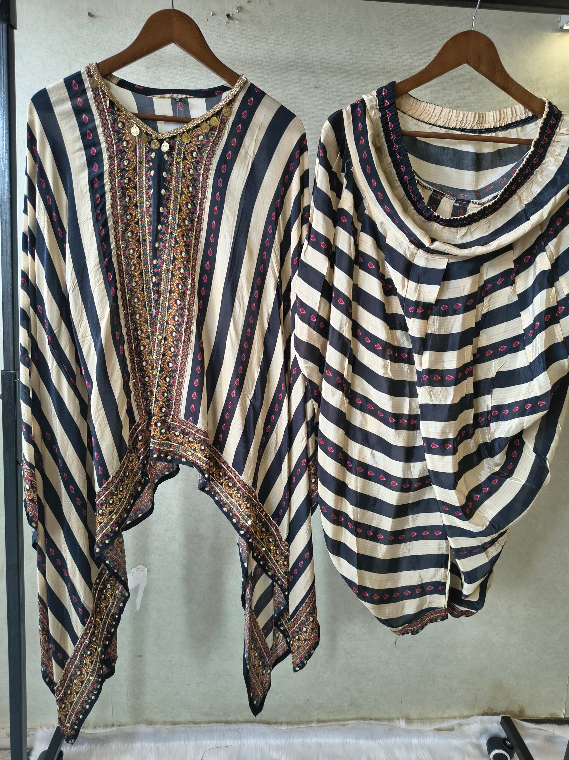 Ivory & Navy Striped Designer Kaftan Co-Ord Set with Embroidered Neckline & Draped Silhouette