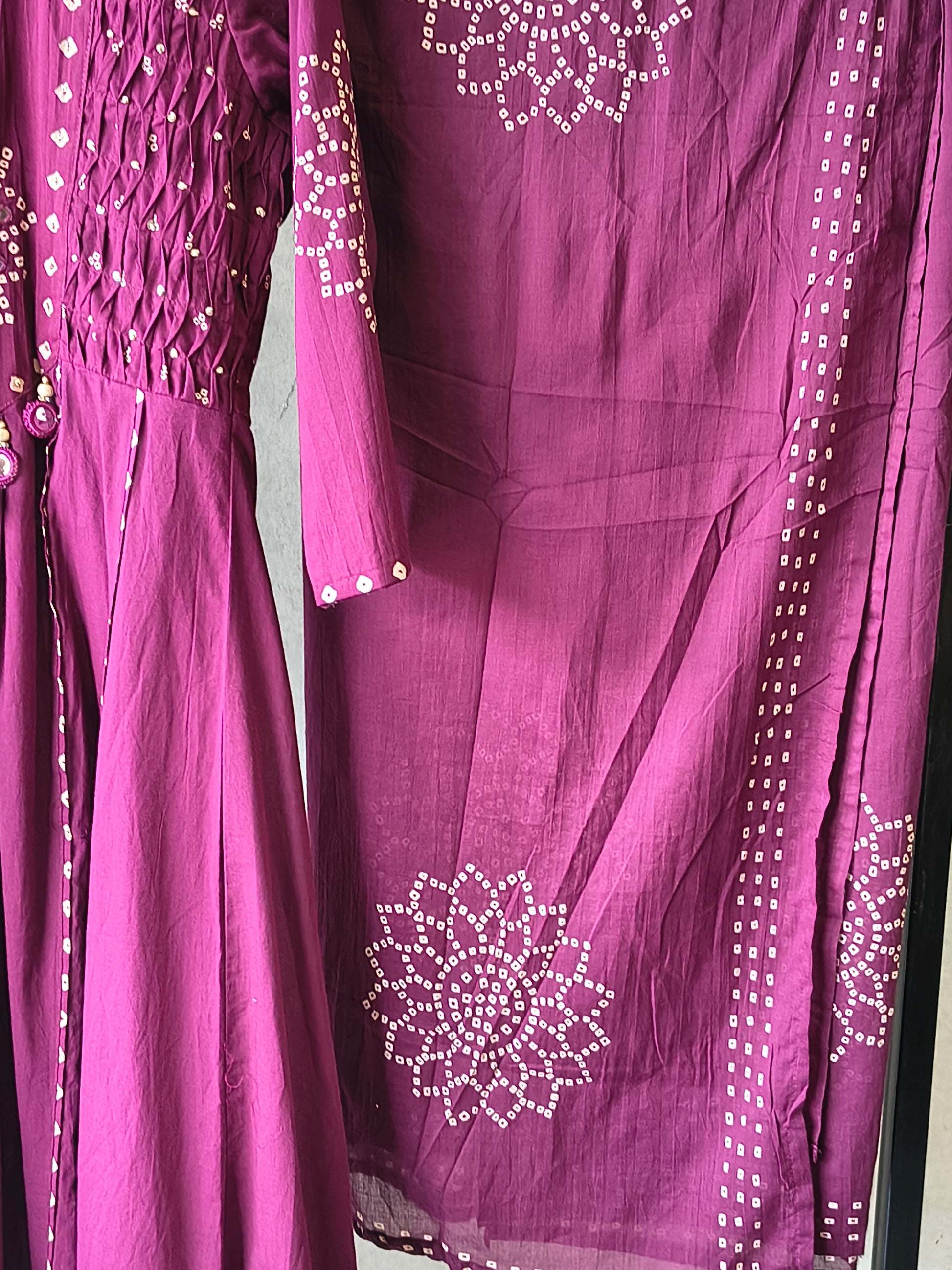 Wine Cotton Anarkali Suit Set with Bandhani Print & Mirror Accent Dupatta