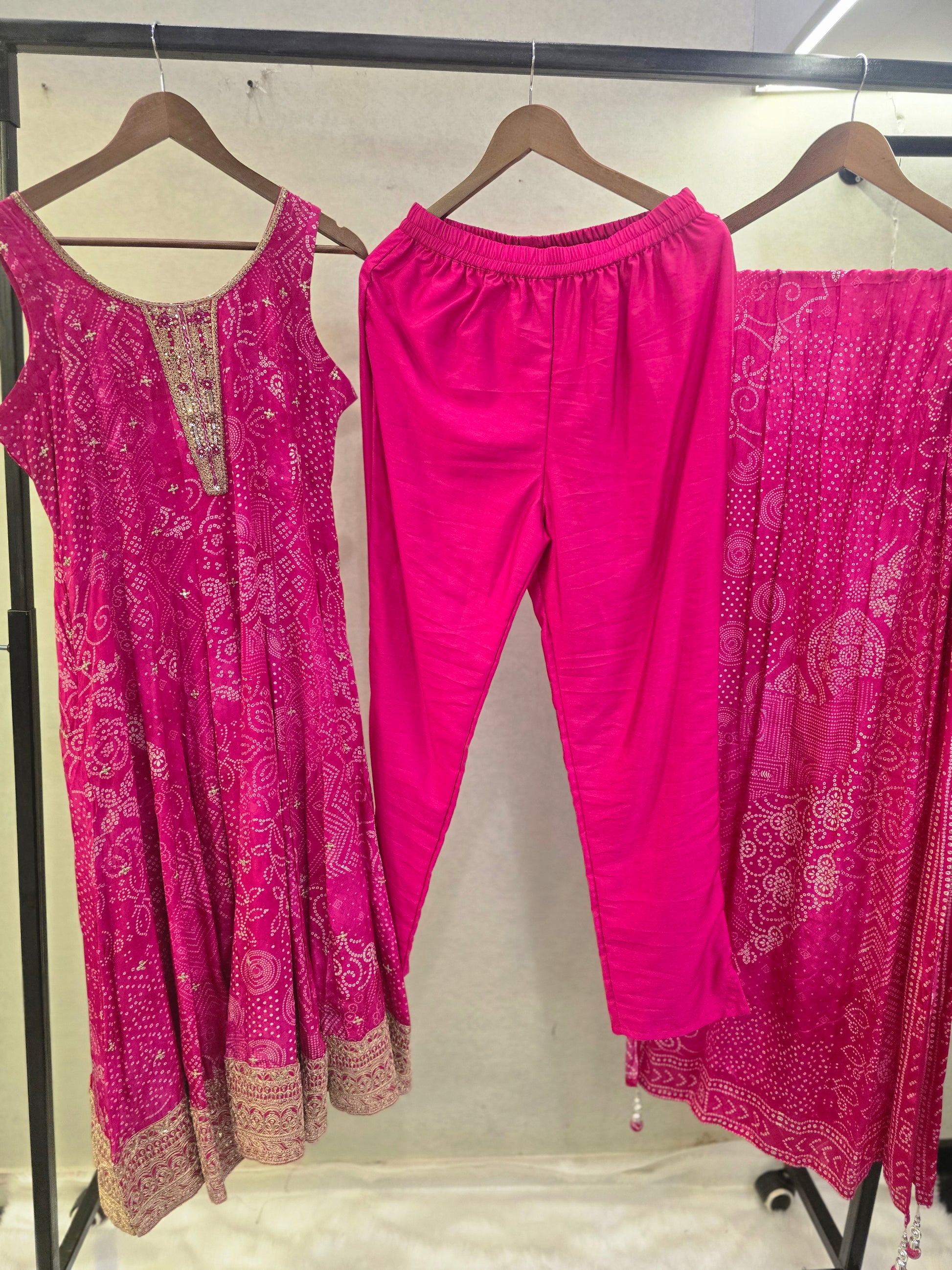 Rani Pink Bandhani Print Anarkali Kurta Set with Flared Palazzo & Chiffon Dupatta | Premium 3 Piece Ethnic Suit