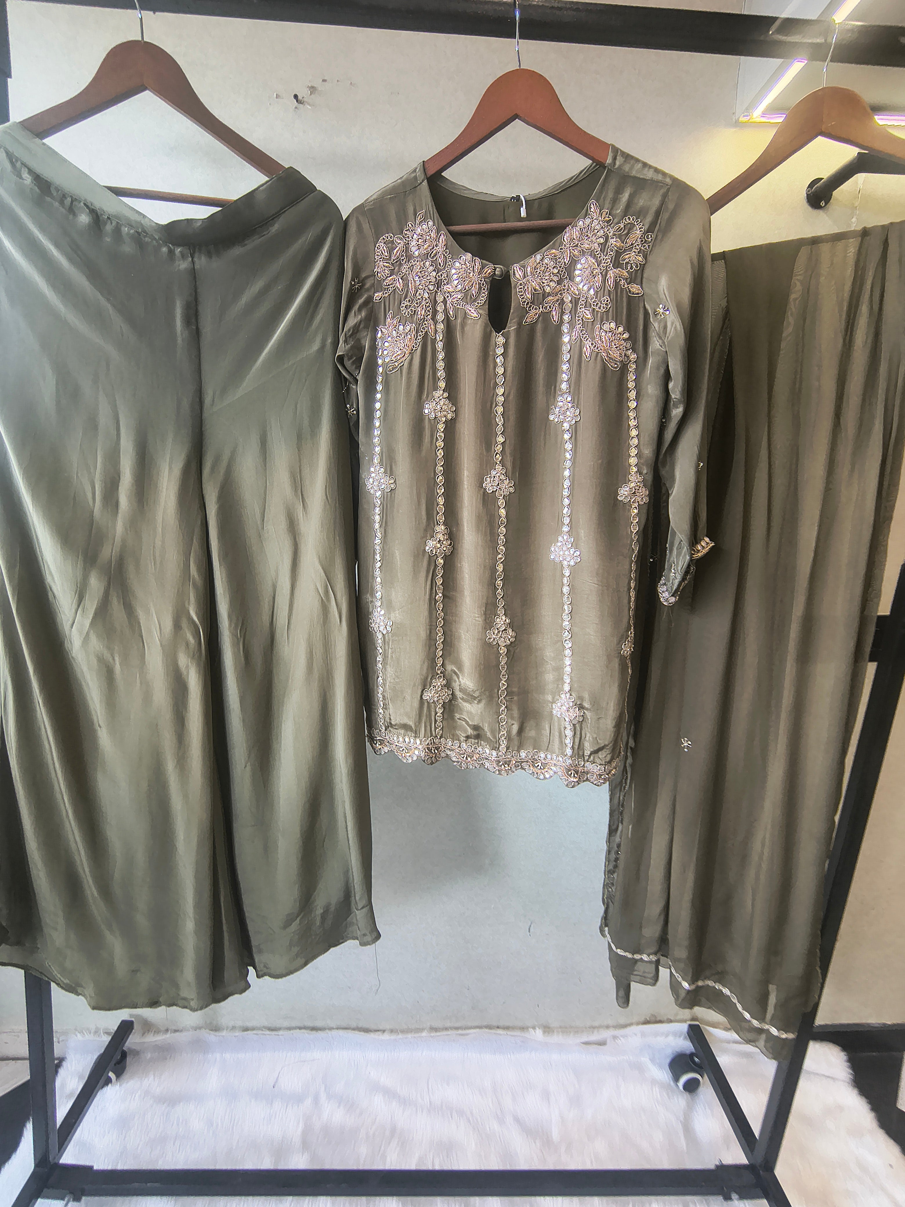Image of Olive Green Pearl & Mirror Embroidered Kurta Set with Flared Palazzo & Organza Dupatta – Designer 3 Piece Festive Ensemble