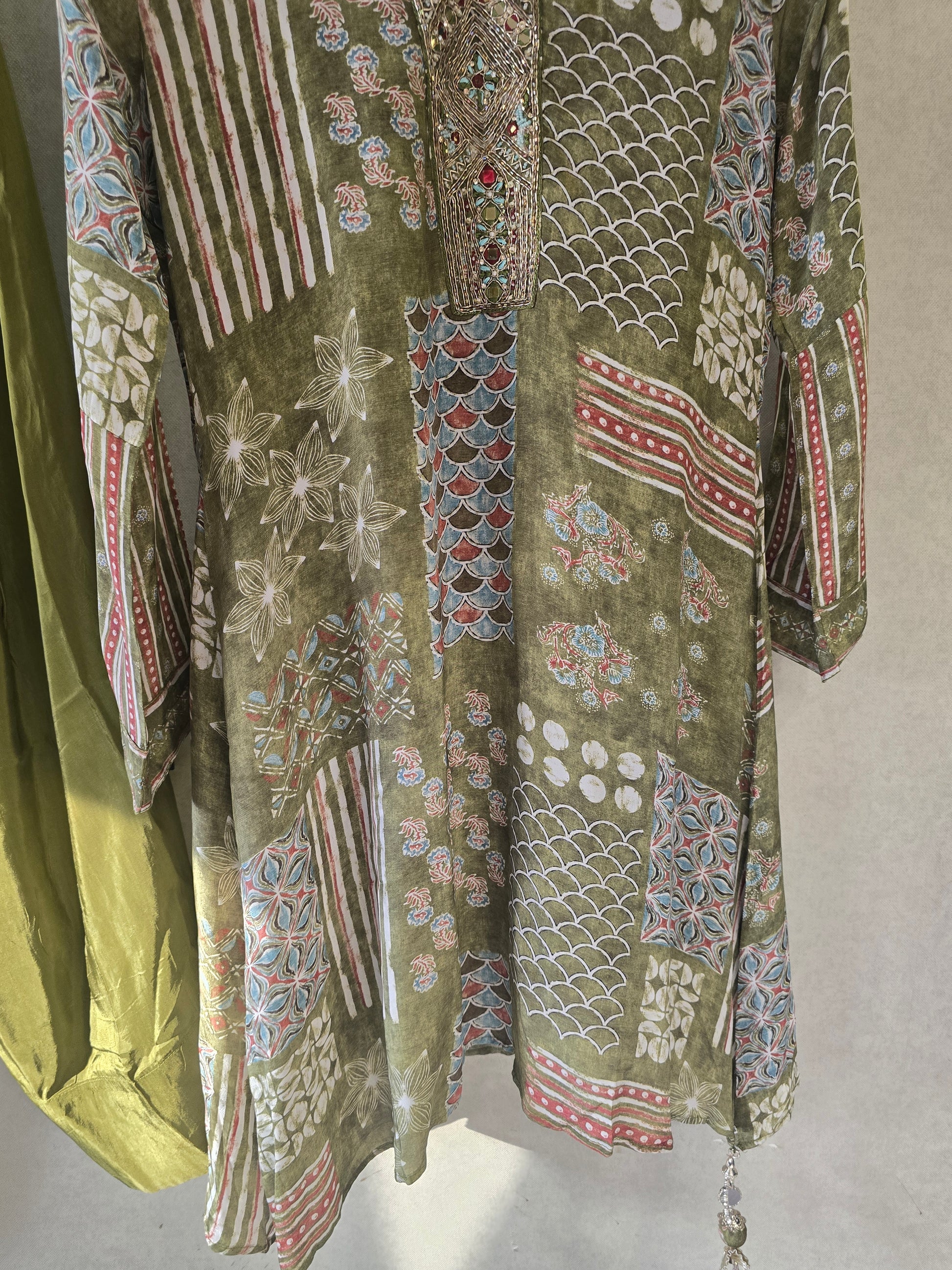 Olive Patchwork Print Embroidered Co-Ord Set
