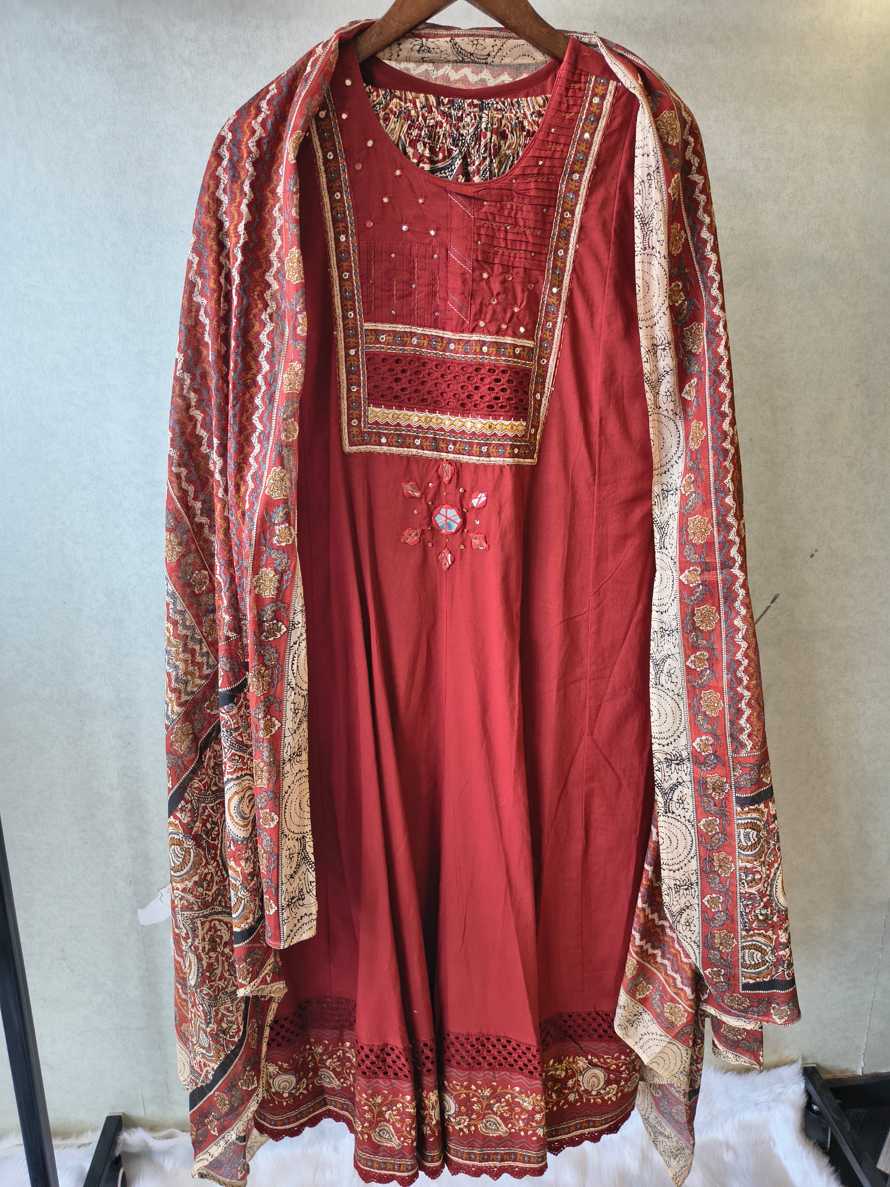 Image of Rust Red Embroidered Three-Piece Kurta Set with Printed Pant & Designer Dupatta