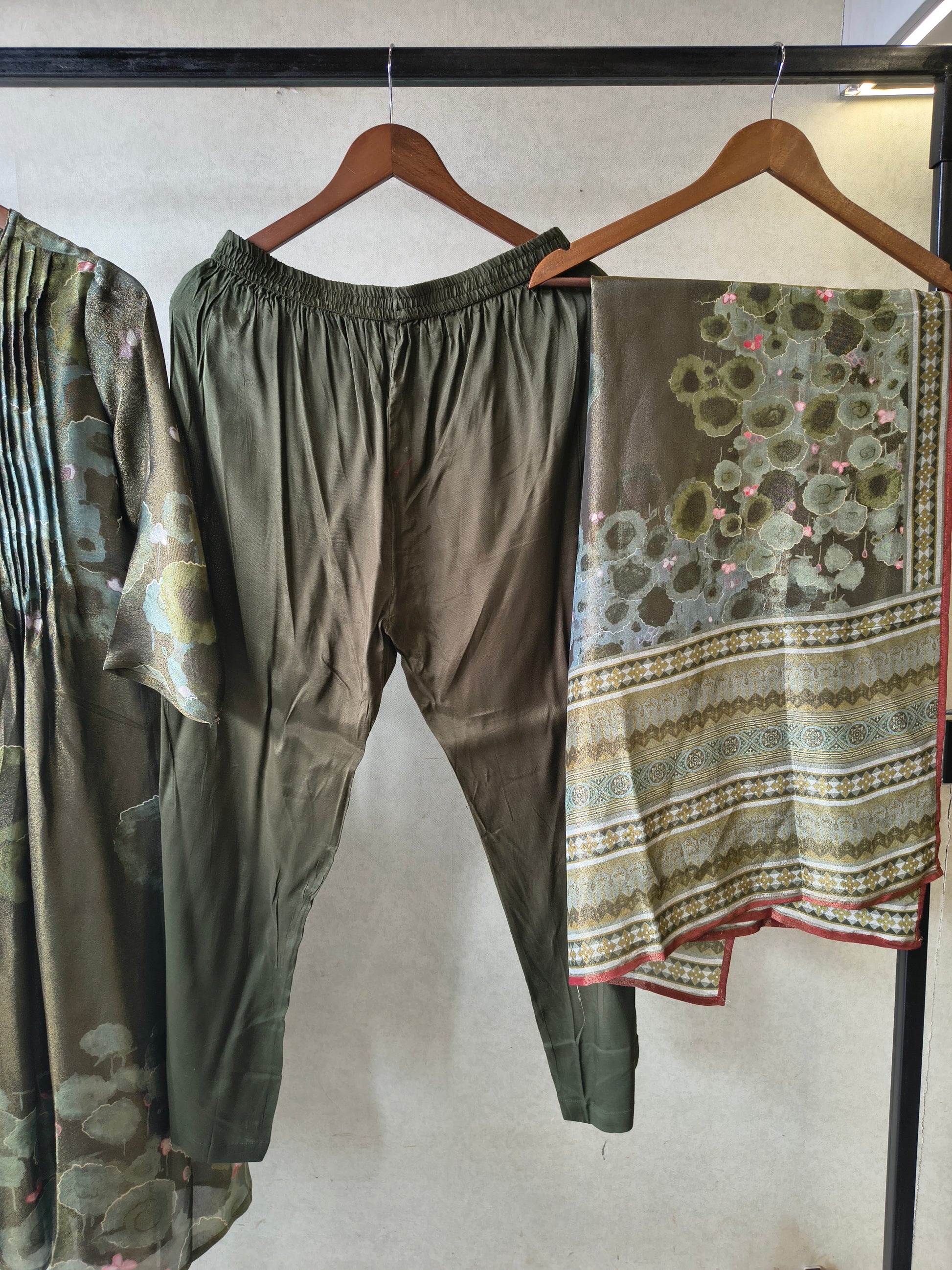 Premium Olive Green Abstract Printed A-Line Kurta Set with Dupatta