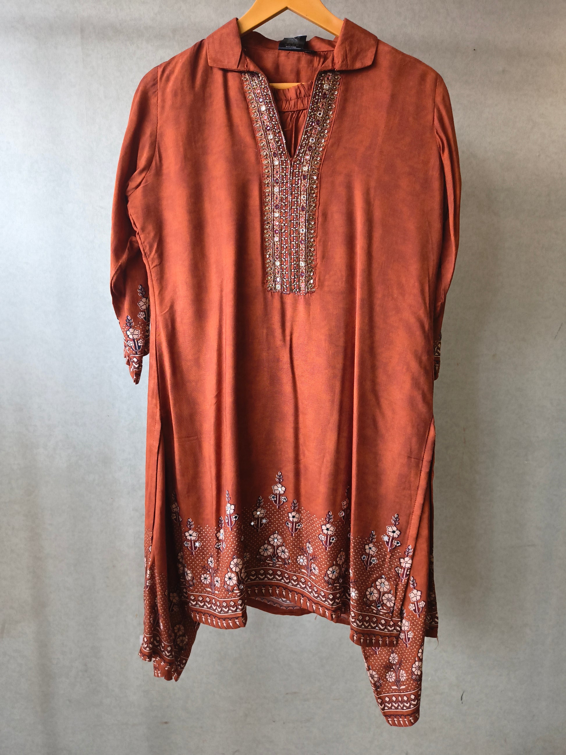 Rust Brown Designer Ethnic Co-Ord Set with Embellished Neckline & Printed Borders