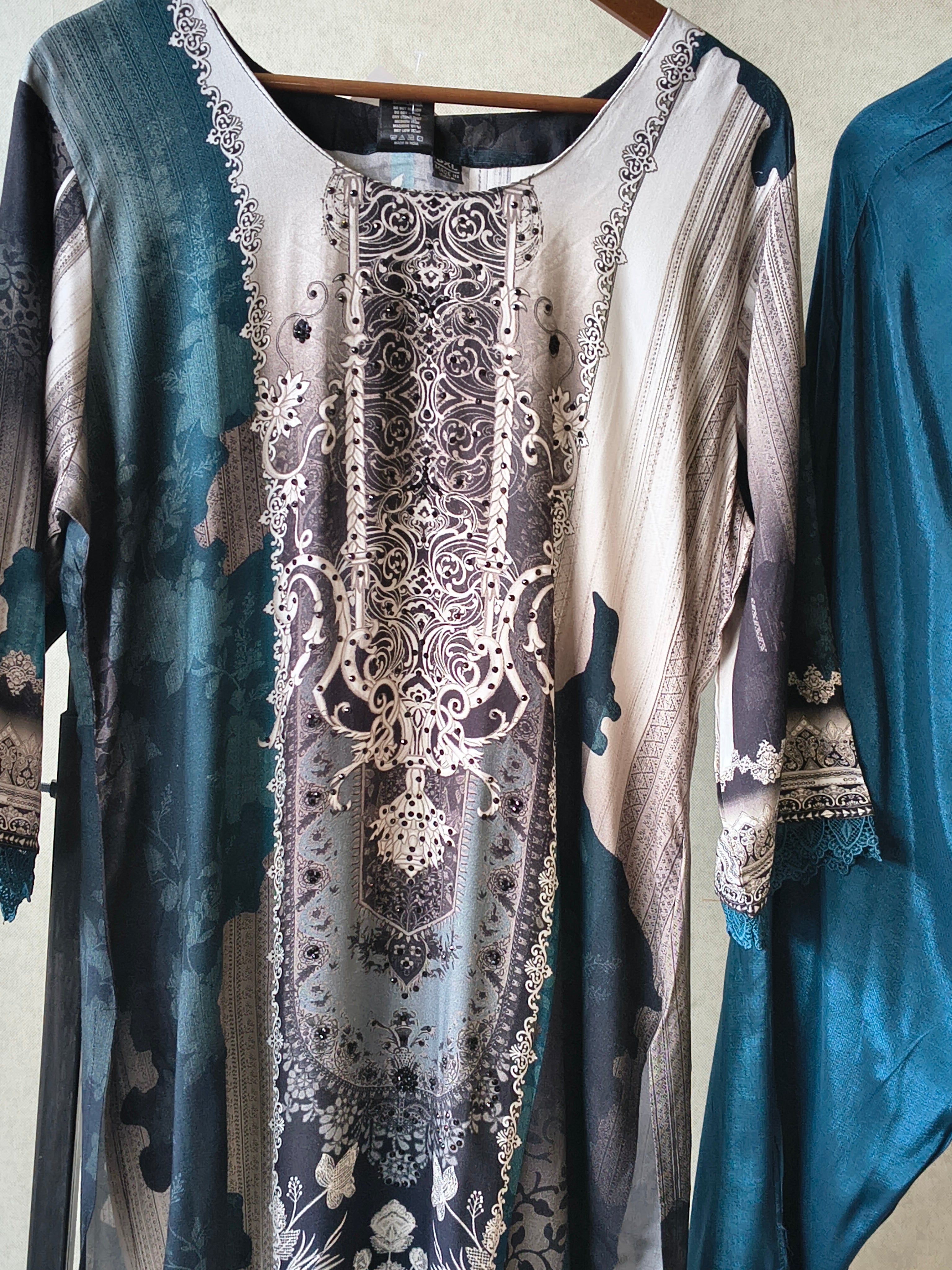Image of Premium Teal Blue Digital Printed Kurta Set with Solid Pants & Chiffon Dupatta