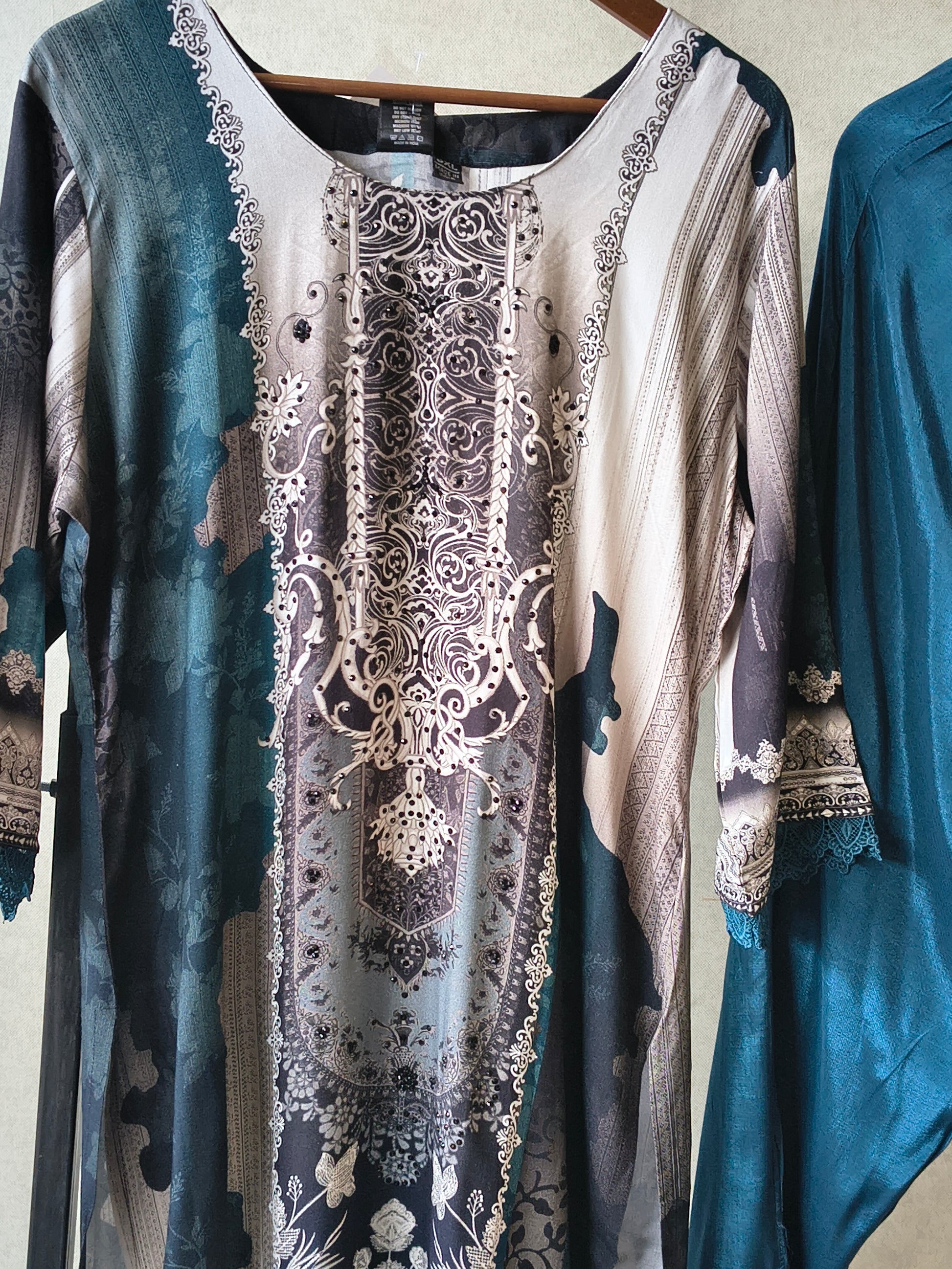 Premium Teal Blue Digital Printed Kurta Set with Solid Pants & Chiffon Dupatta