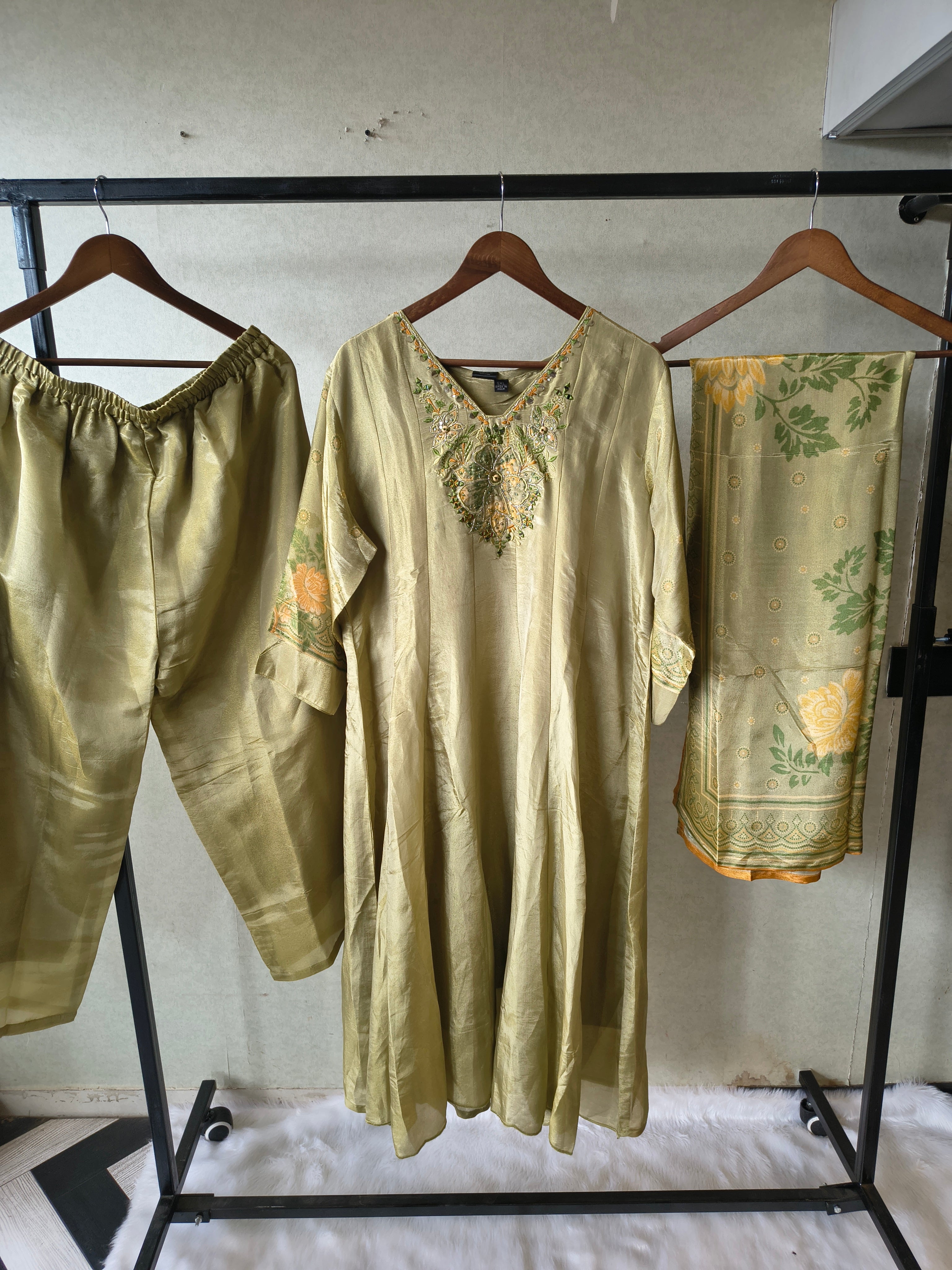 Image of Premium Pistachio Green Embroidered Silk Kurta Set with Printed Dupatta
