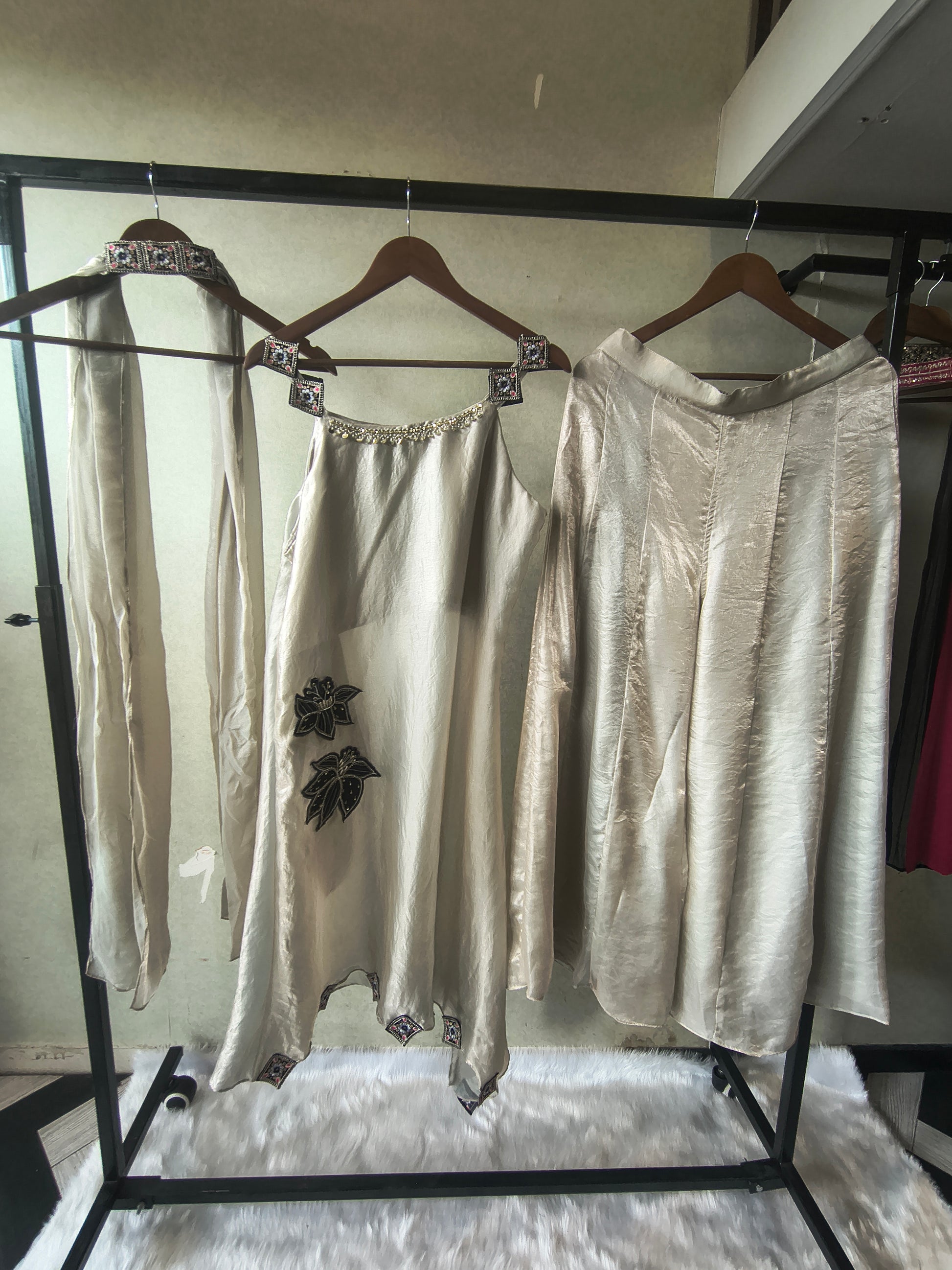 Premium Ivory 3-Piece Designer Indo-Western Palazzo Set with Asymmetrical Embroidered Kurta & Statement Dupatta