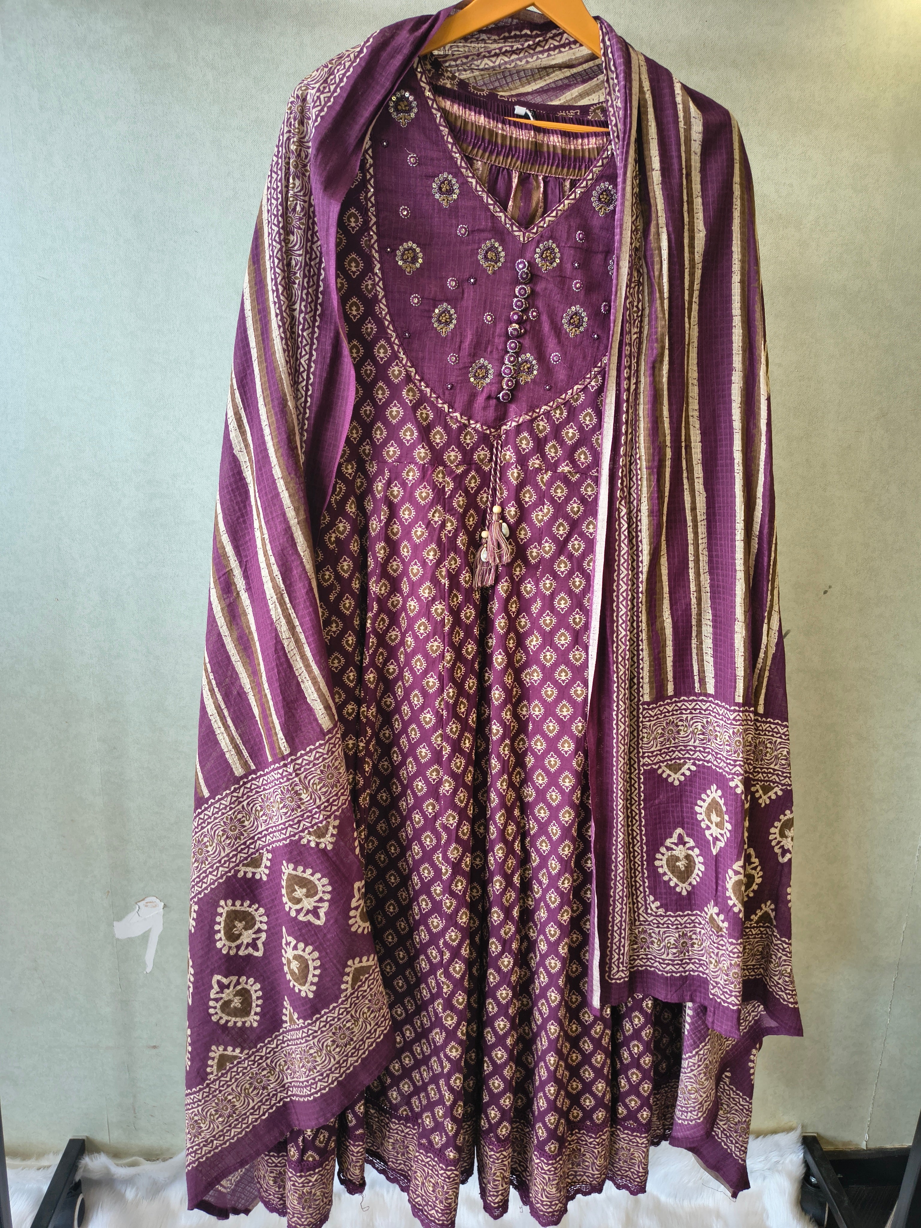 Image of Plum Printed Cotton Anarkali Suit Set with Striped Pants & Dupatta