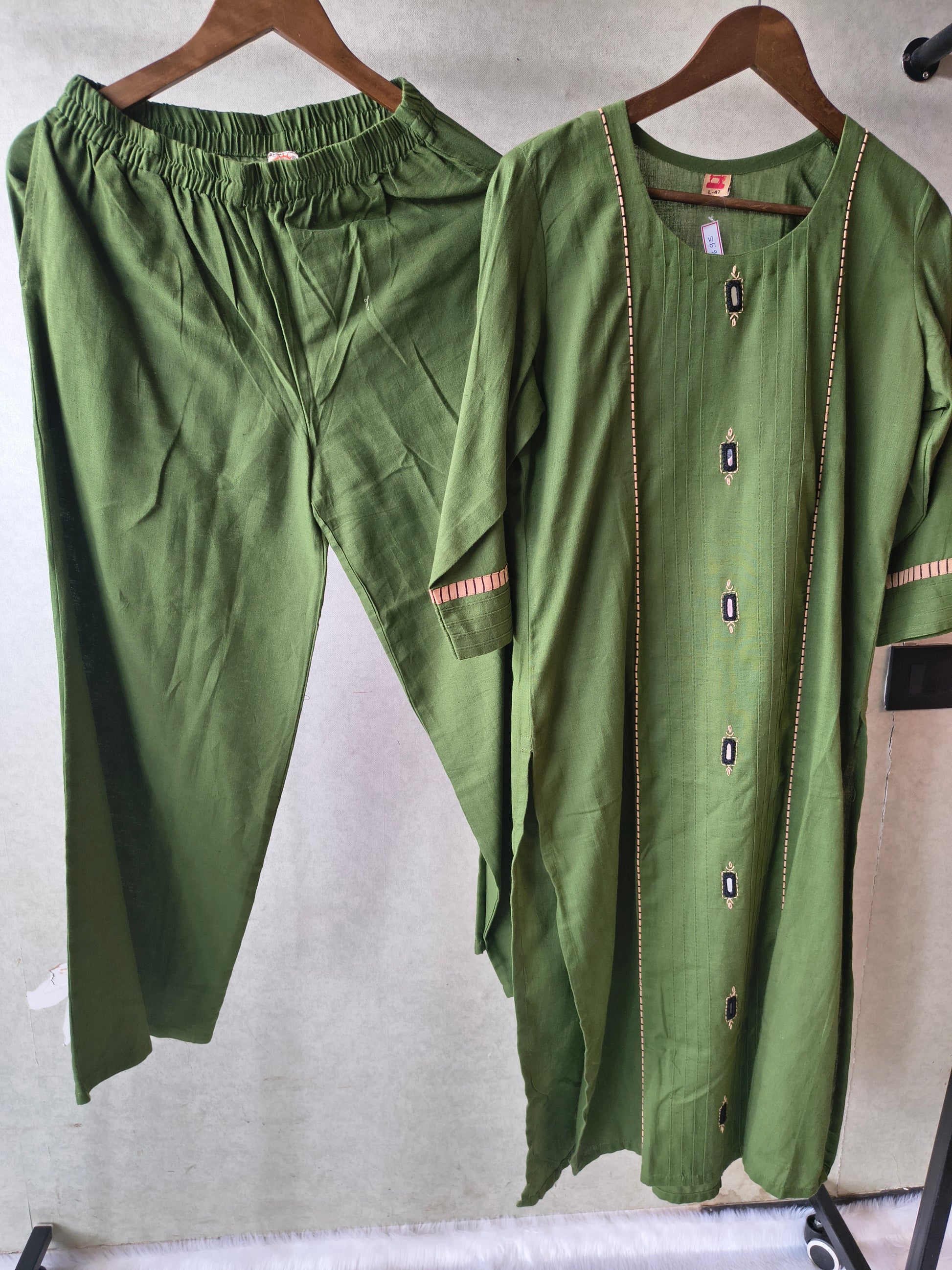 Tadko Premium Olive Green Straight Kurta Co-Ord Set with Embellished Yoke