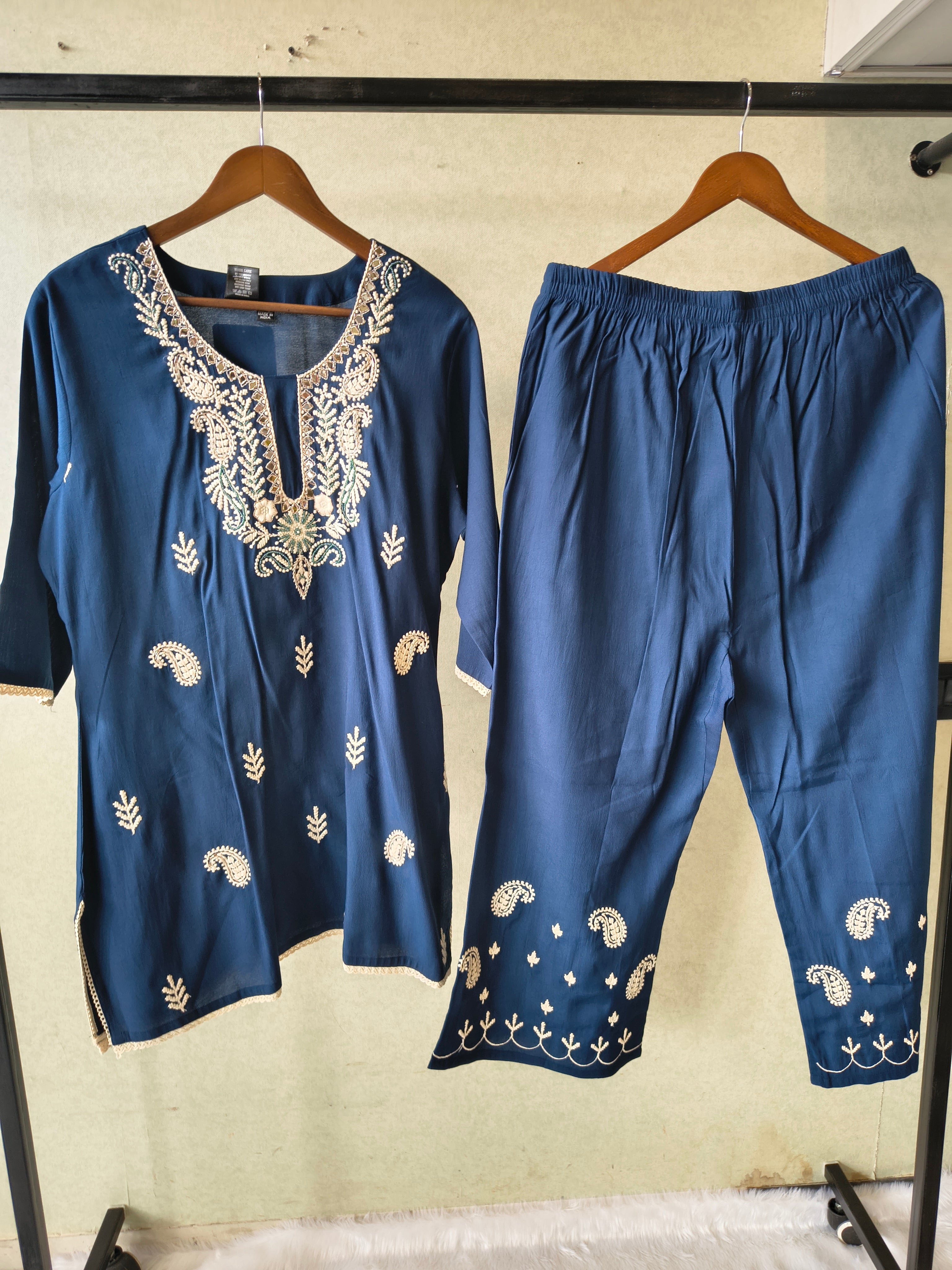 Image of Premium Navy Blue Embroidered Kurta Set with Designer Pants