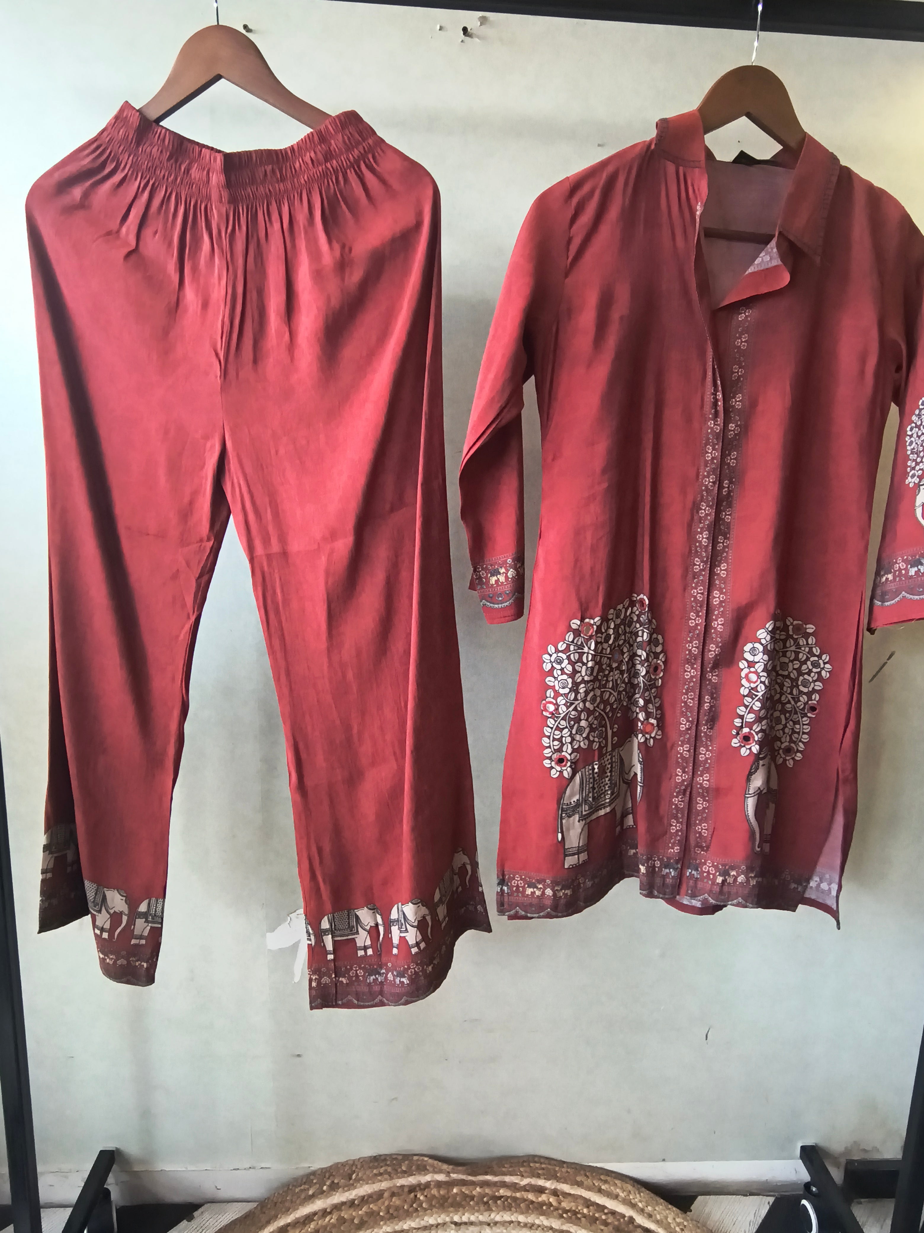 Image of Rust Red Elephant Print Designer Co-Ord Set with Asymmetrical Hem