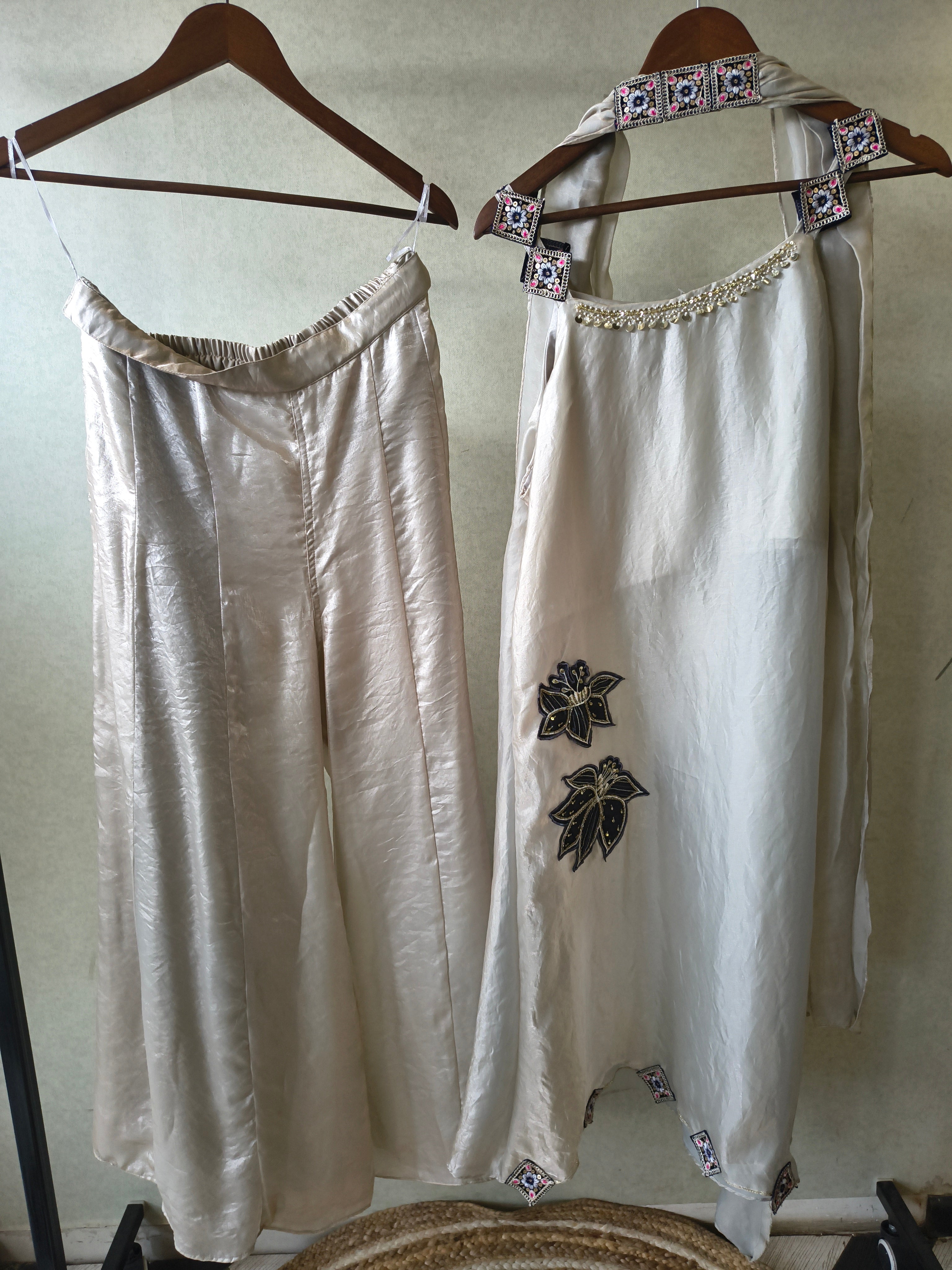 Image of Ivory Designer A-Line Dress with Handcrafted Floral Appliqué & Embellished Scarf