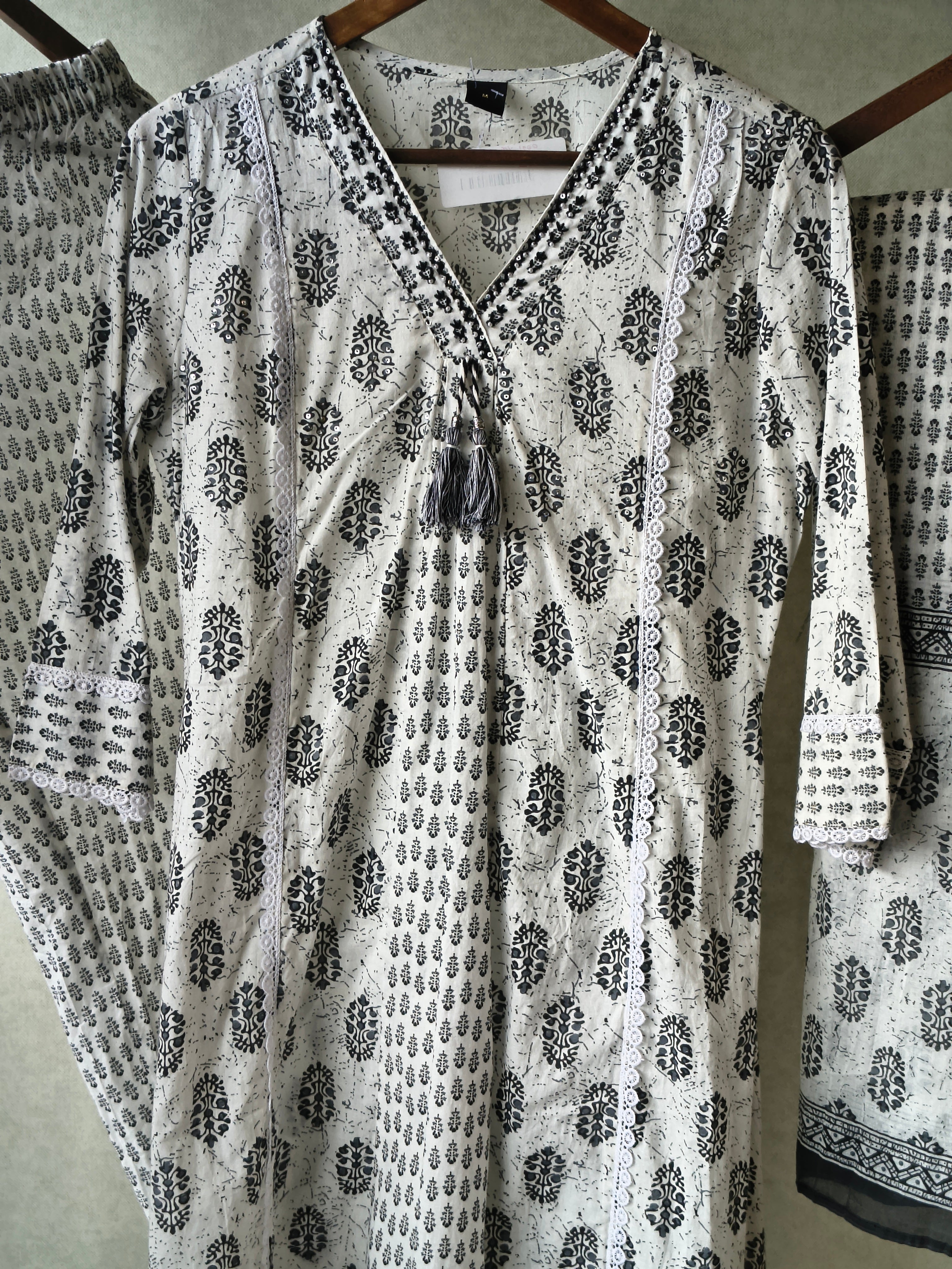 Image of Premium Black & White Hand Block Printed Cotton Anarkali Kurta Set with Printed Pants & Dupatta