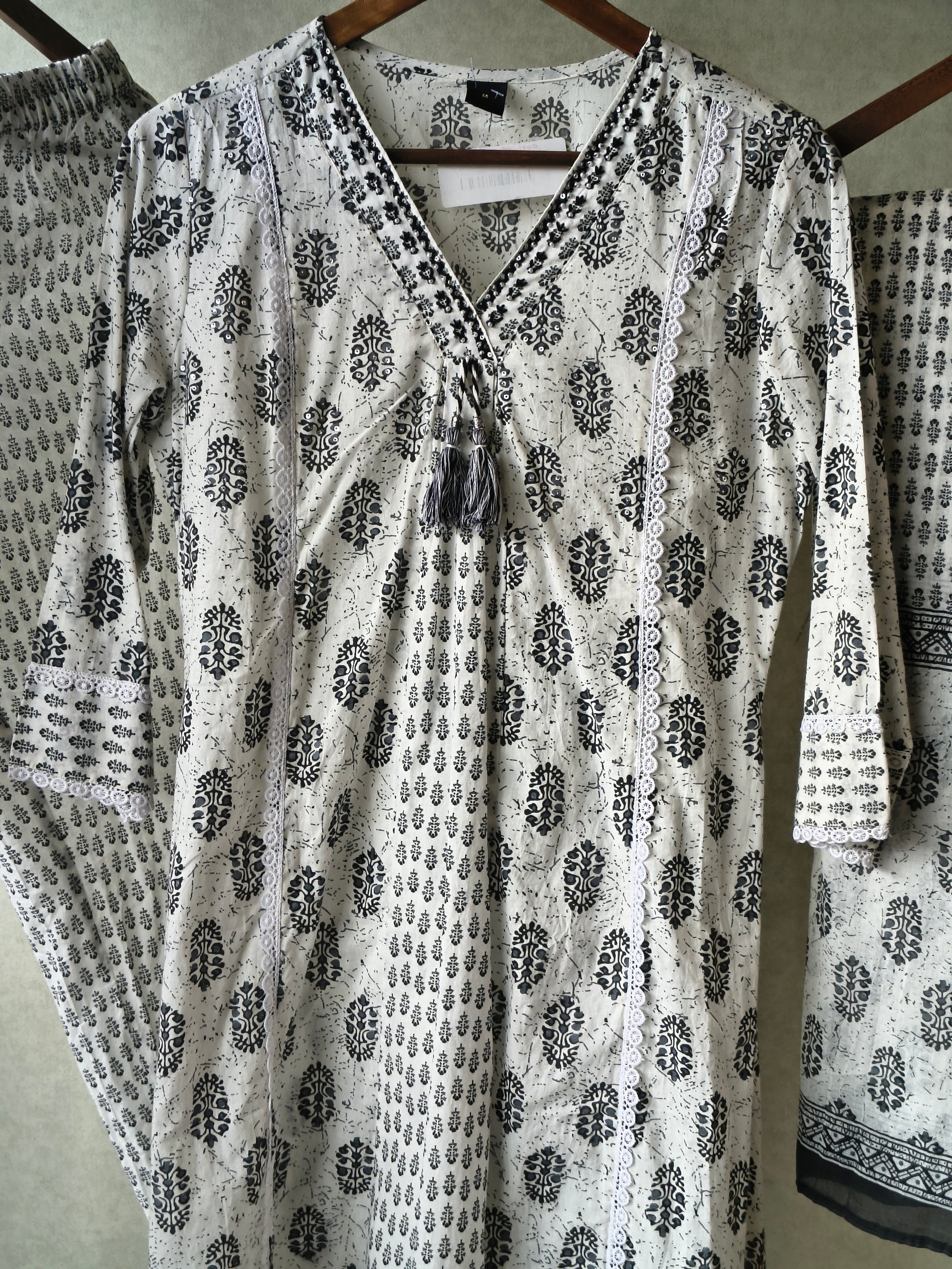 Premium Black & White Hand Block Printed Cotton Anarkali Kurta Set with Printed Pants & Dupatta