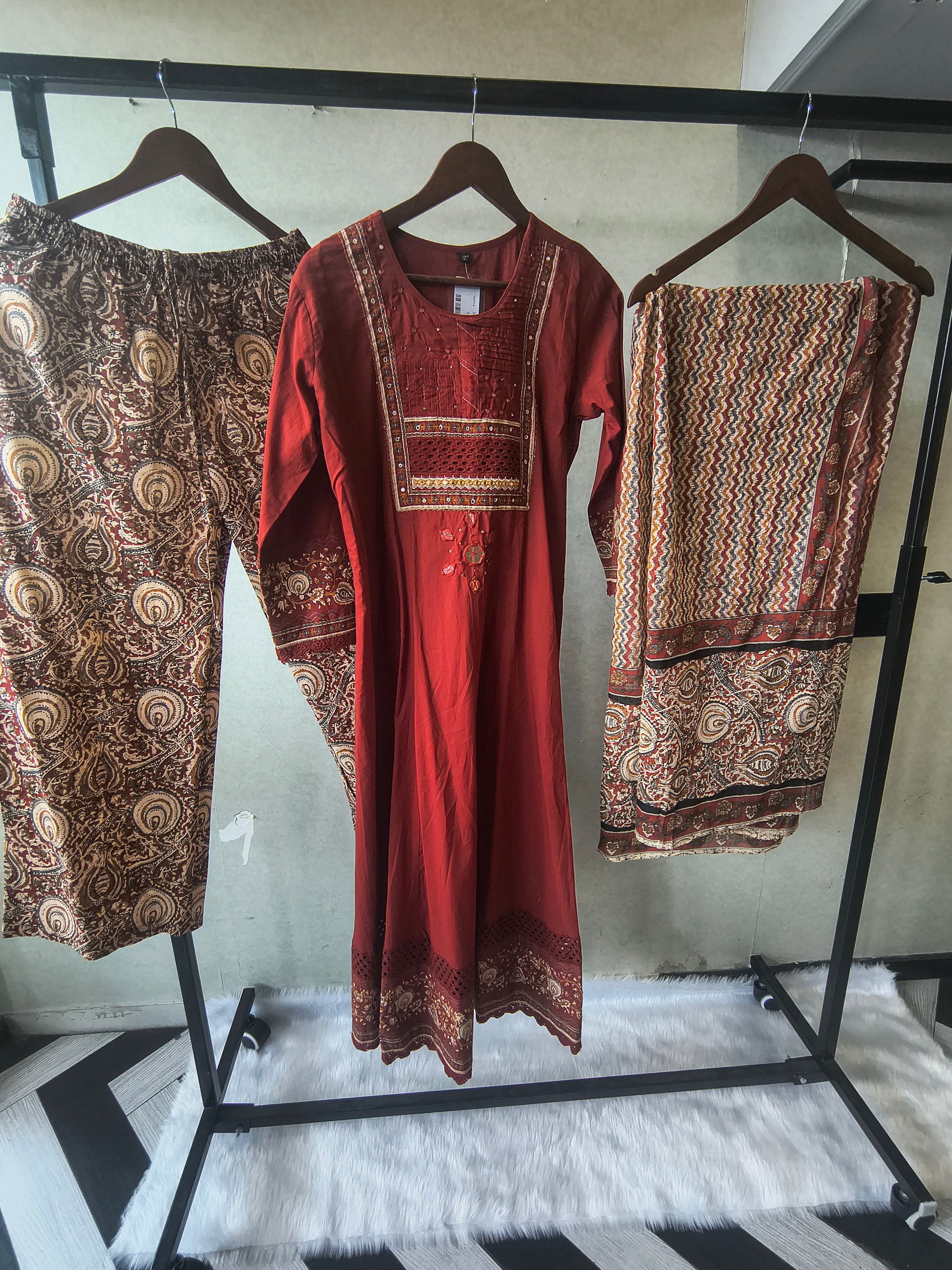 Rust Red Embroidered Three-Piece Kurta Set with Printed Pant & Designer Dupatta