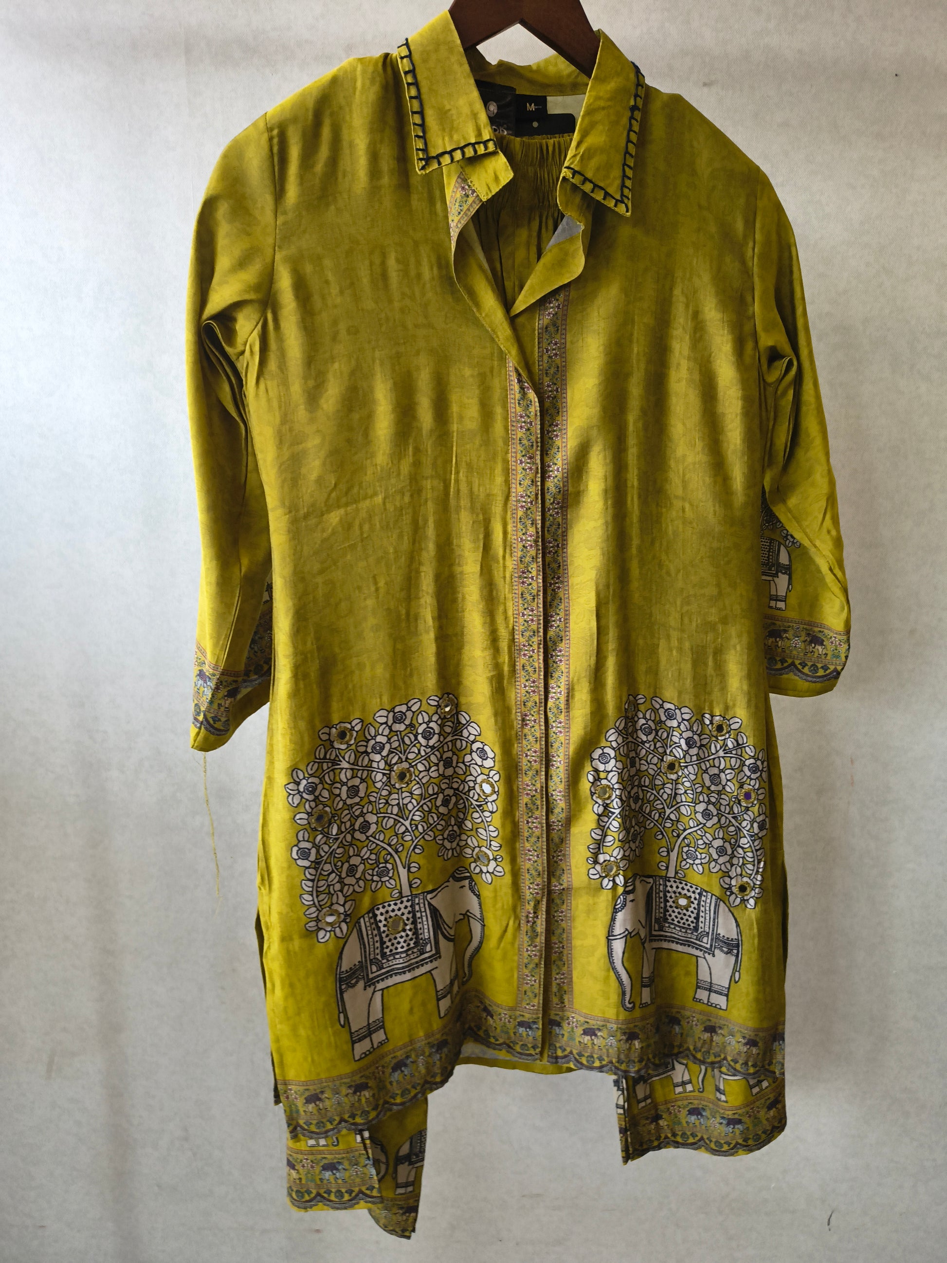 Mustard Yellow Elephant Print Designer Co-Ord Set with Asymmetrical Hem