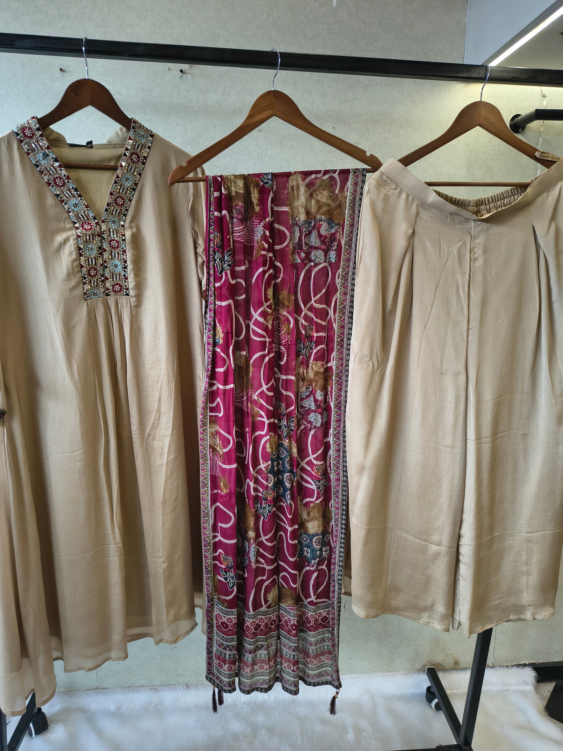 Ivory Beige Embroidered Designer Kurta Set with Printed Dupatta | Premium 3 Piece Ethnic Suit