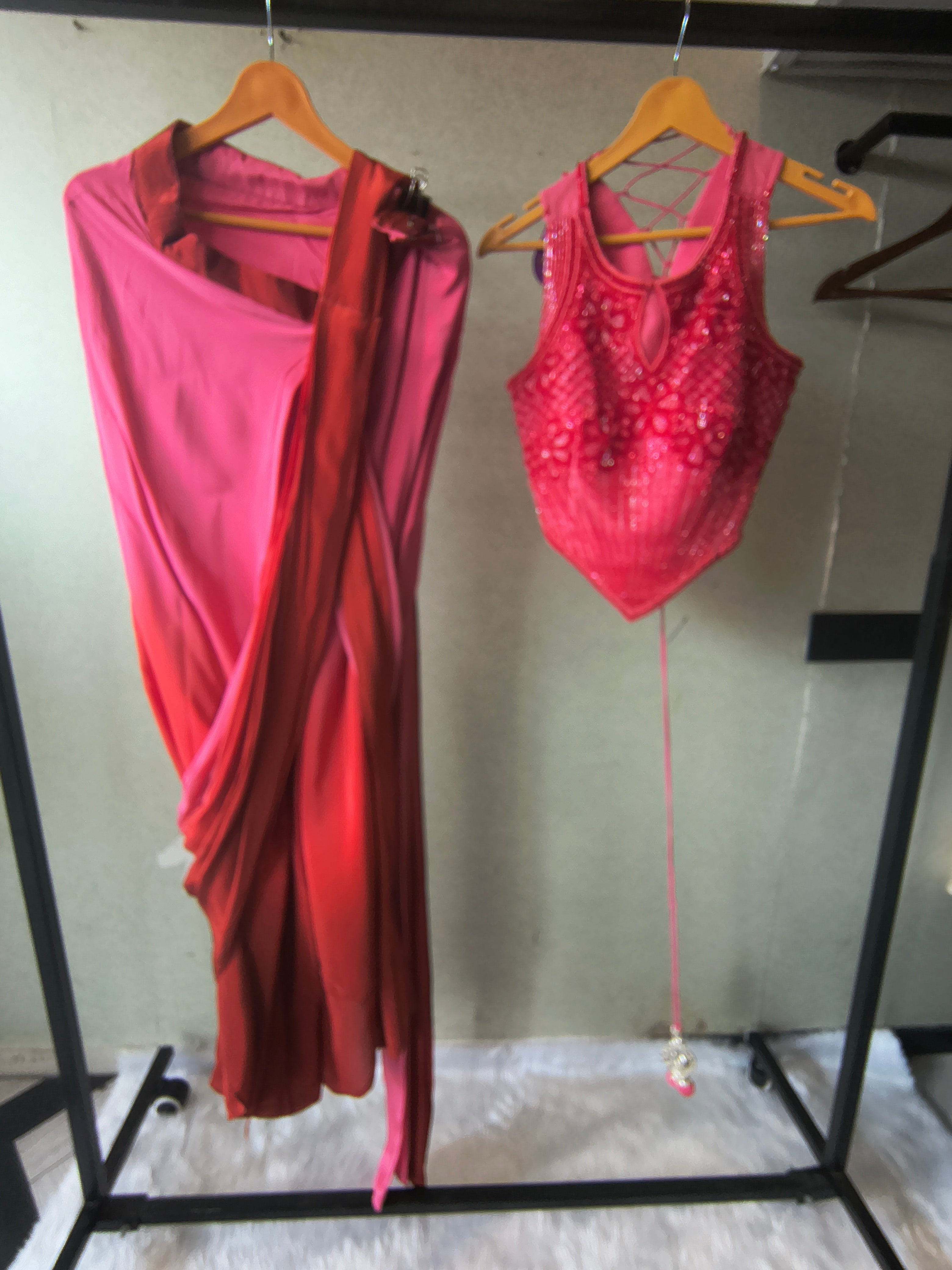 Image of Premium Ombre Pink Pre-Draped Designer Saree with Heavy Hand Embroidered Corset Blouse