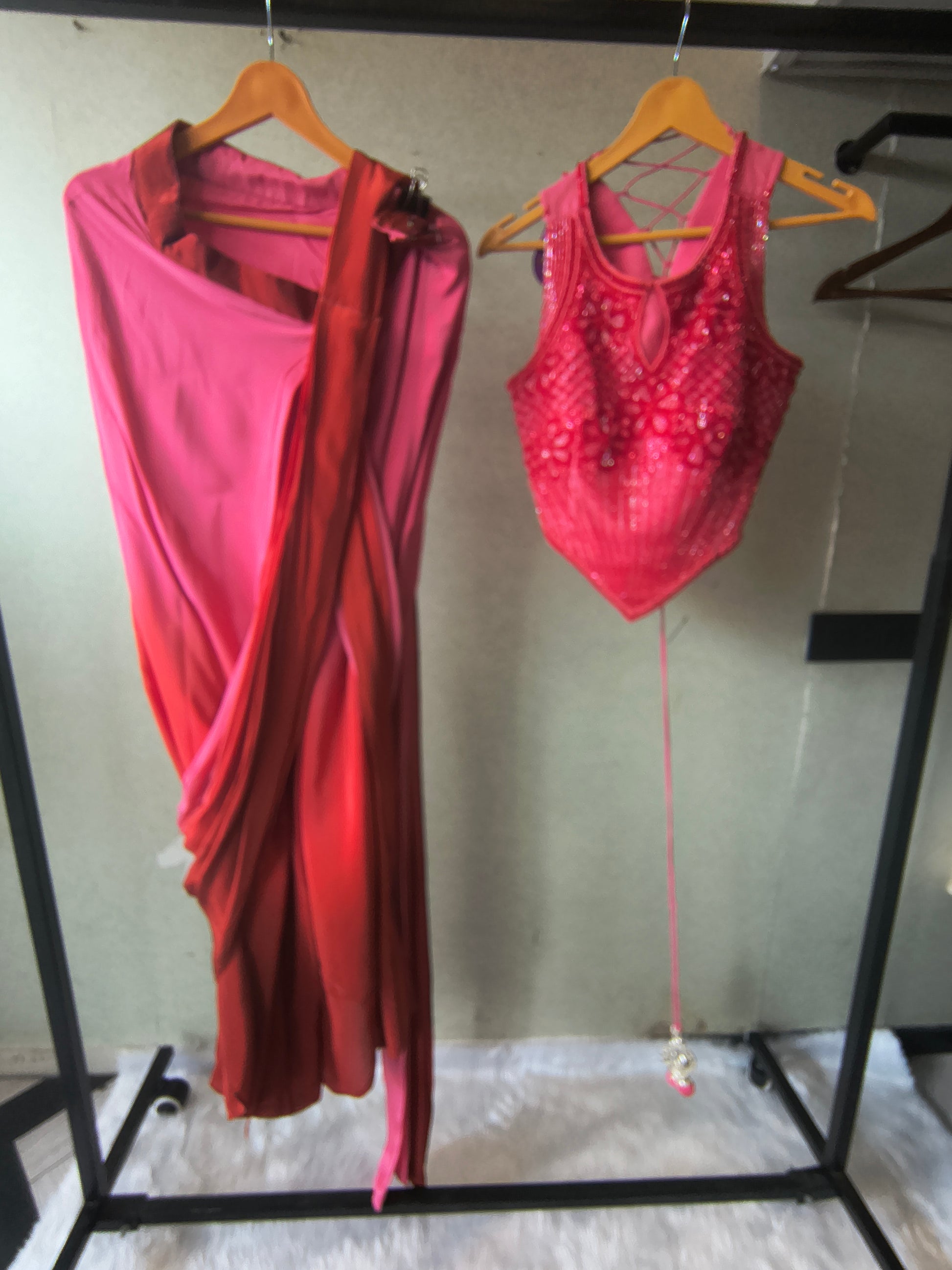 Premium Ombre Pink Pre-Draped Designer Saree with Heavy Hand Embroidered Corset Blouse