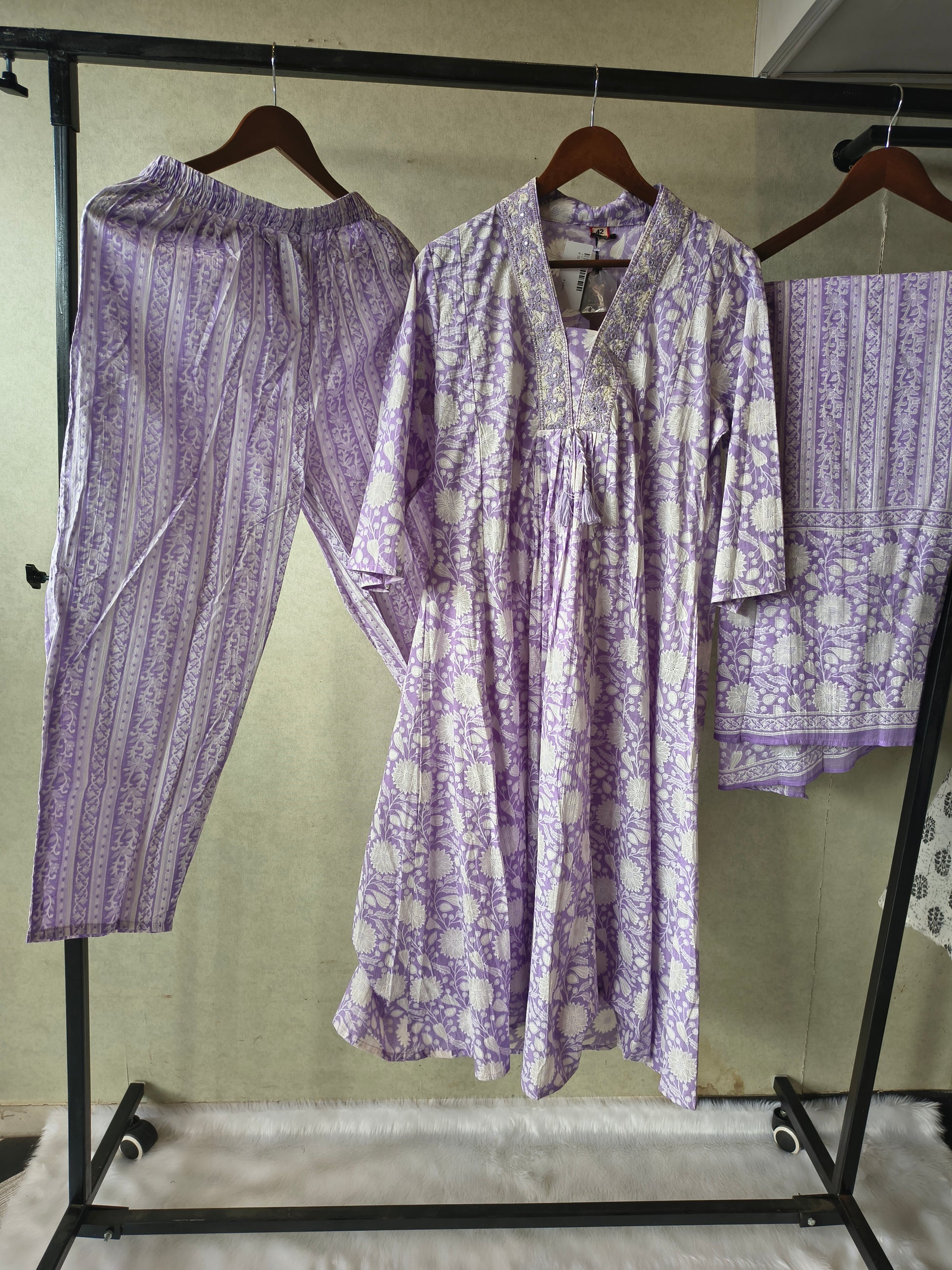 Premium Lavender Floral Printed Cotton Anarkali Kurta Set with Striped Pants & Printed Dupatta