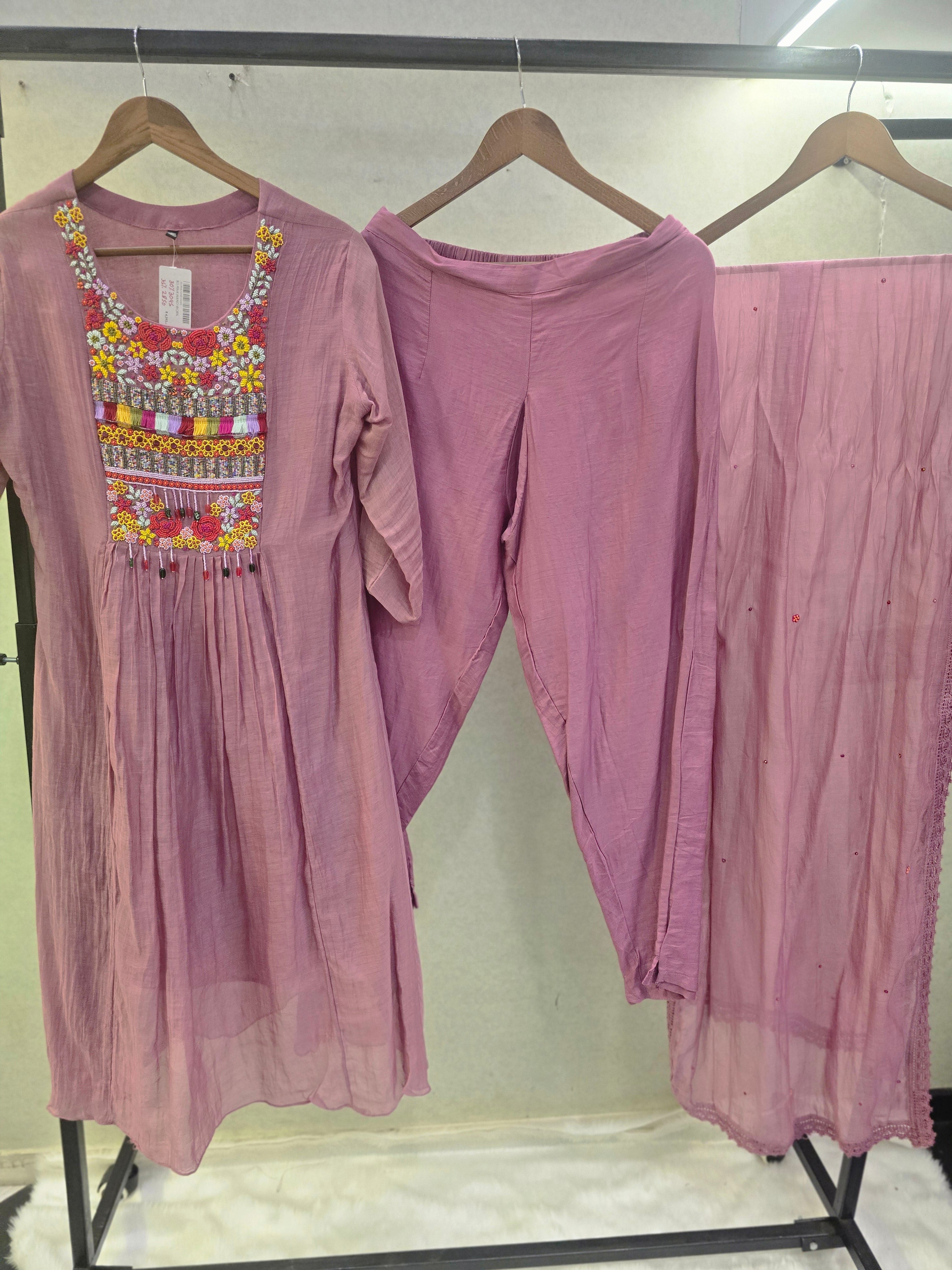 Image of Dusty Mauve Embroidered Yoke Kurta Set with Chiffon Dupatta | Premium 3 Piece Ethnic Suit