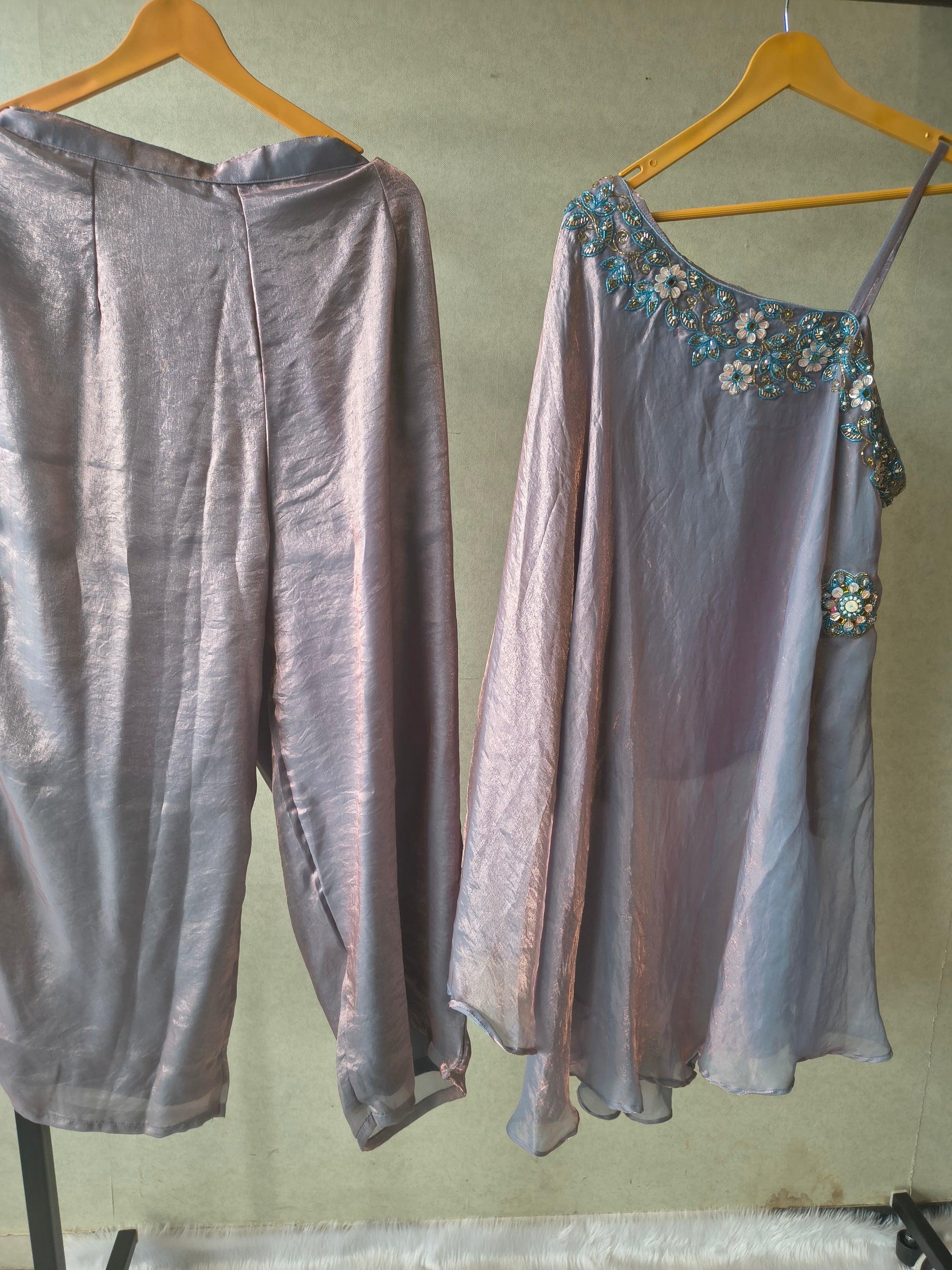Designer Lilac One-Shoulder Cape Top with Draped Tulip Pants – Luxury Indo-Western Co-Ord Set