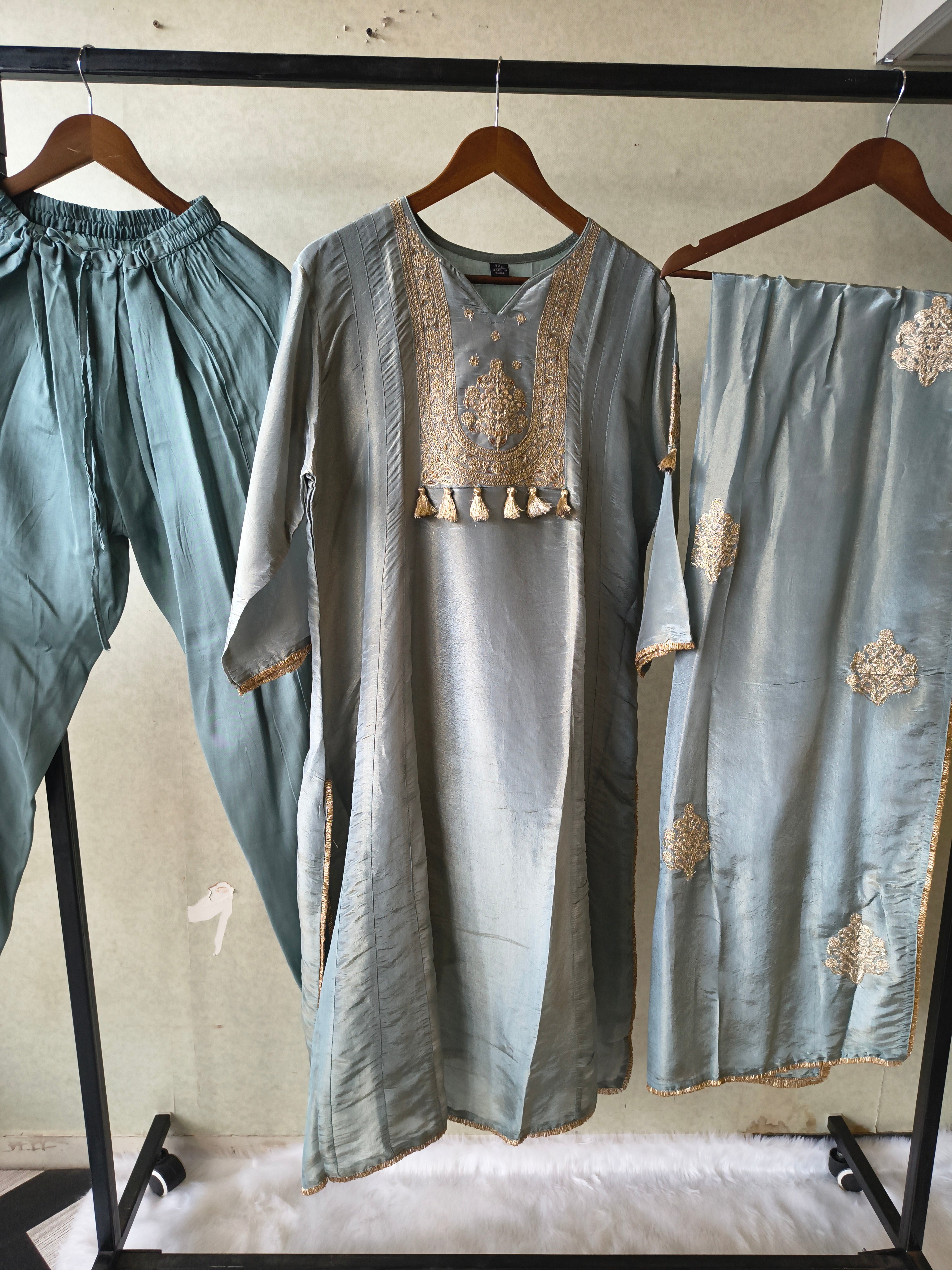 Image of Premium Sage Blue Embroidered A-Line Kurta Set with Dupatta