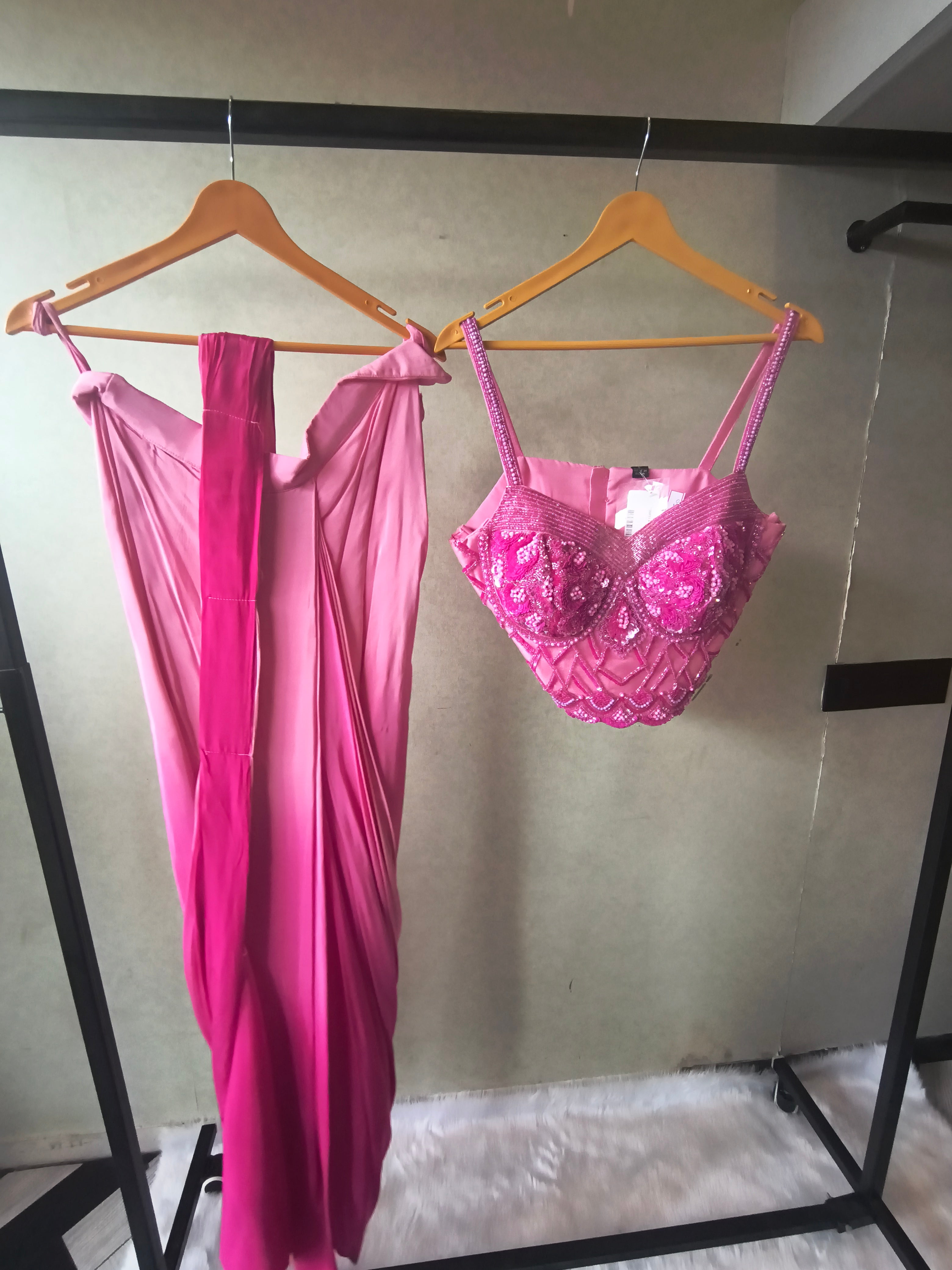 Image of Premium Ombre Pink Satin Saree with Hand Embroidered Designer Blouse