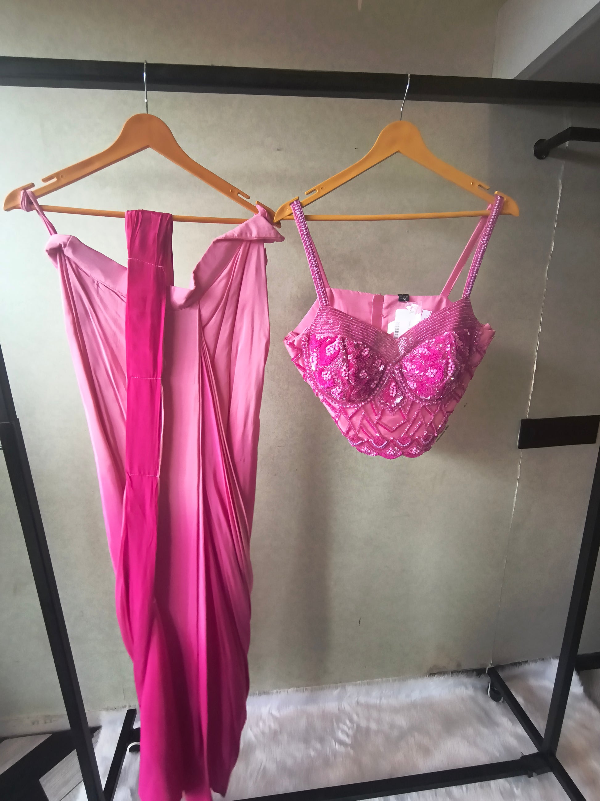 Premium Ombre Pink Satin Saree with Hand Embroidered Designer Blouse