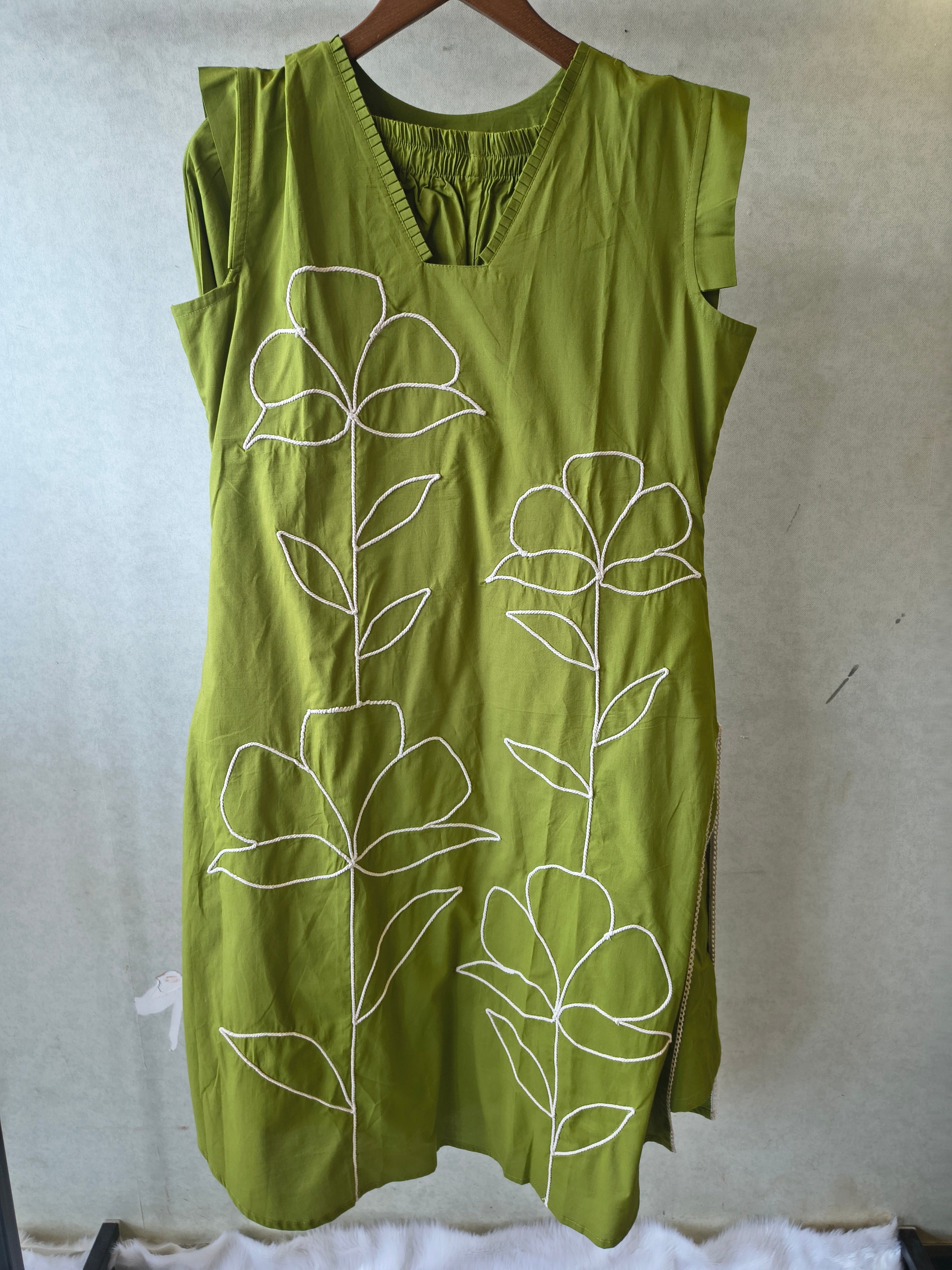 Image of Olive Green Cotton Co-Ord Set with Abstract Floral Cord Embroidery