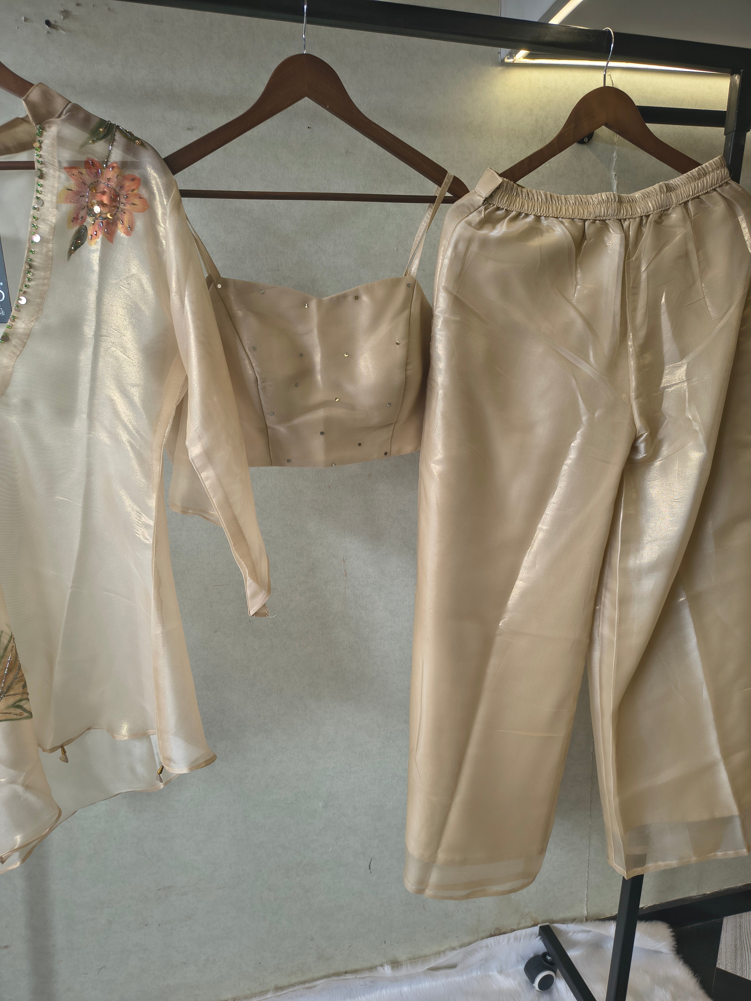 Image of Champagne Gold Floral Hand-Painted Kaftan Co-ord Set with Embellished Blouse & Satin Palazzo