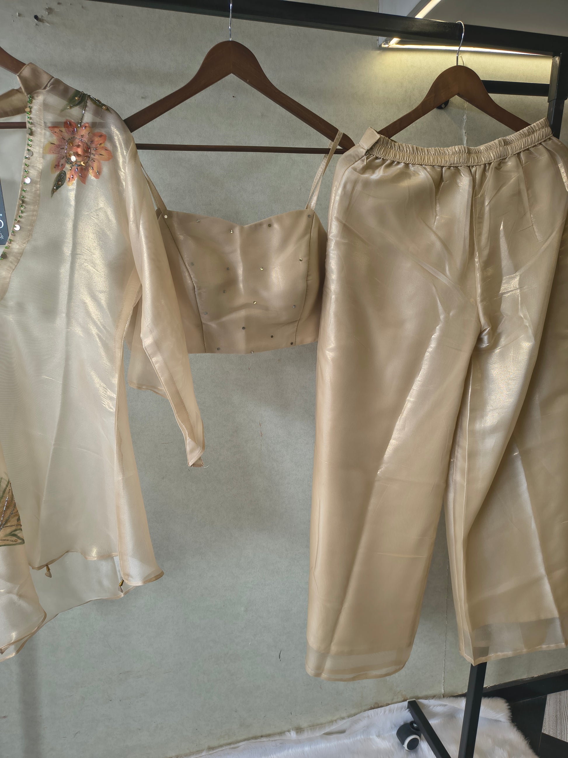 Champagne Gold Floral Hand-Painted Kaftan Co-ord Set with Embellished Blouse & Satin Palazzo