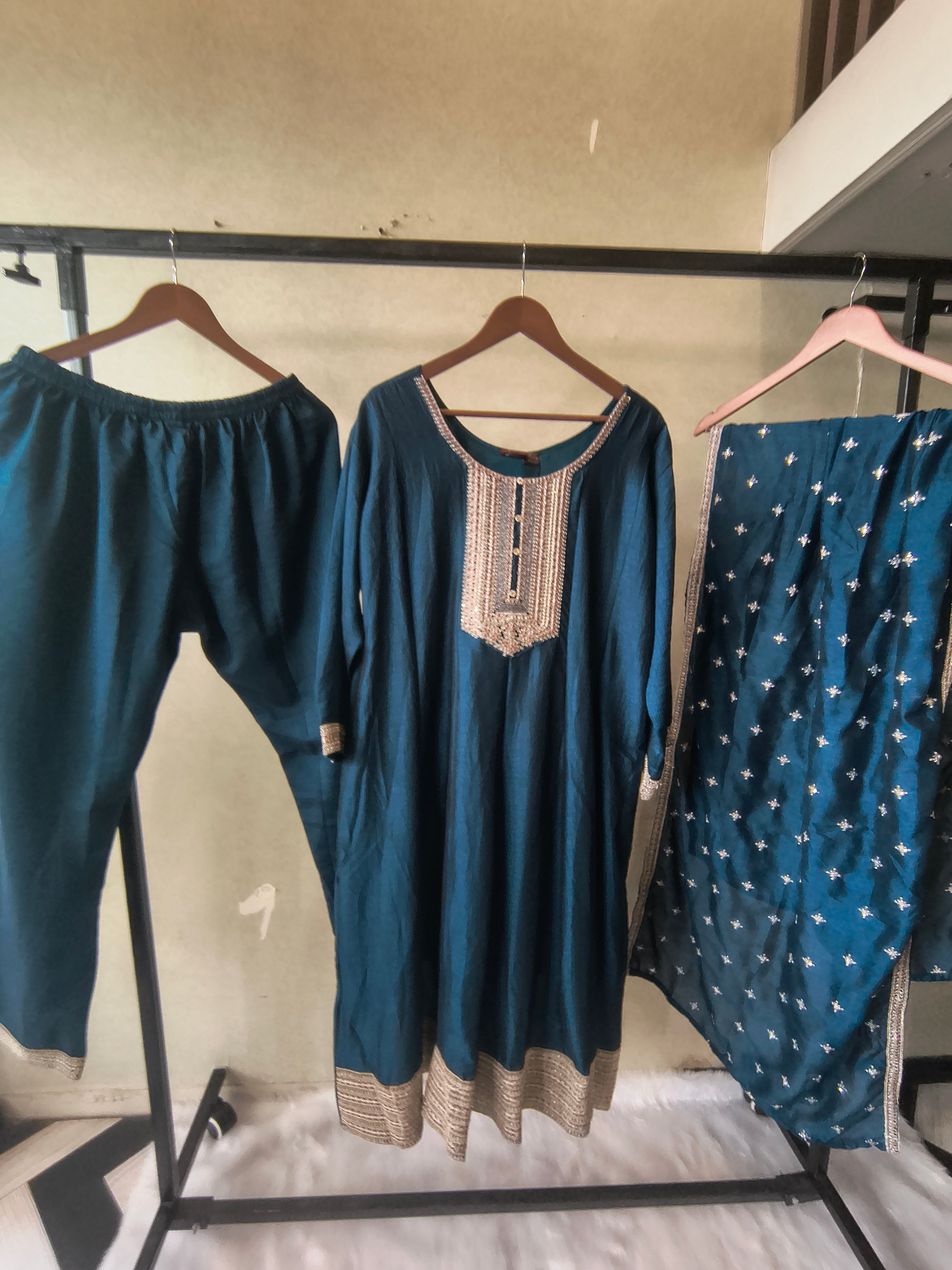 Image of Premium Teal Blue Embroidered Kurta Set with Dupatta